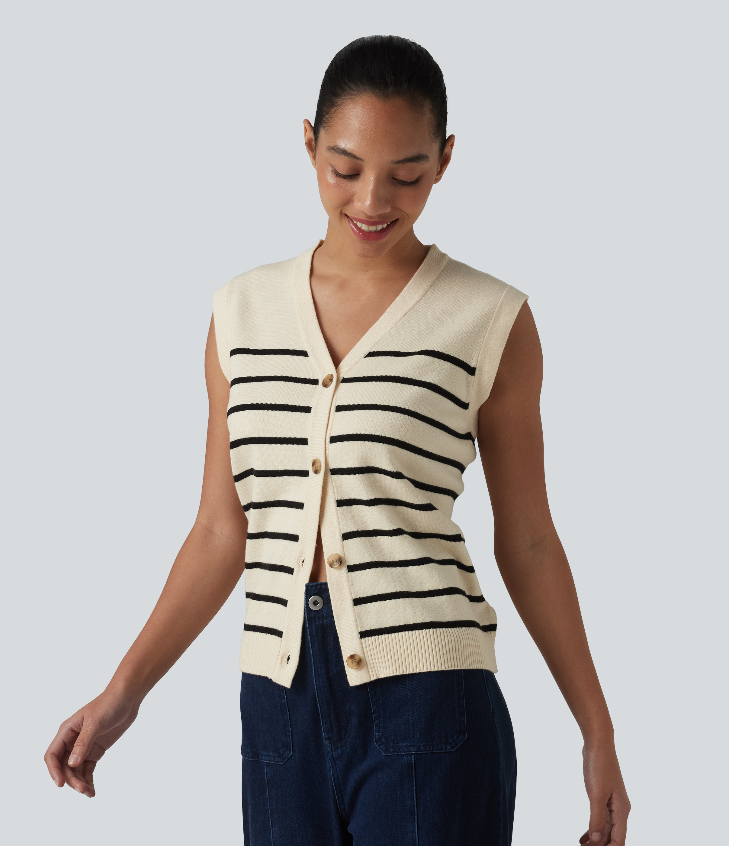 V-neck Button Fly Stripes Casual Sweater Vest