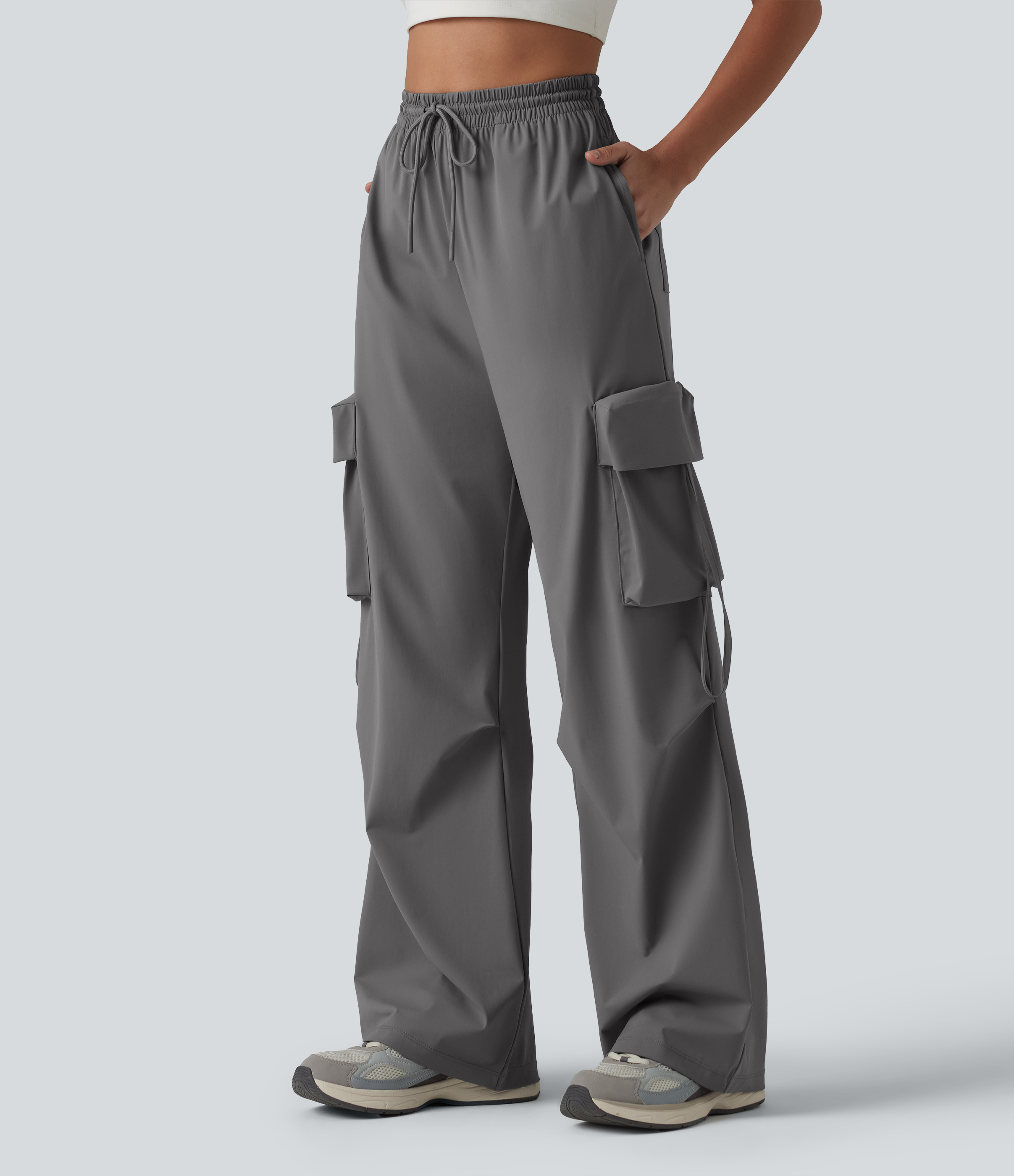 High Waisted Drawstring Quick Dry Cool Touch Workout Straight Leg Cargo Pants with Pockets-UPF40+