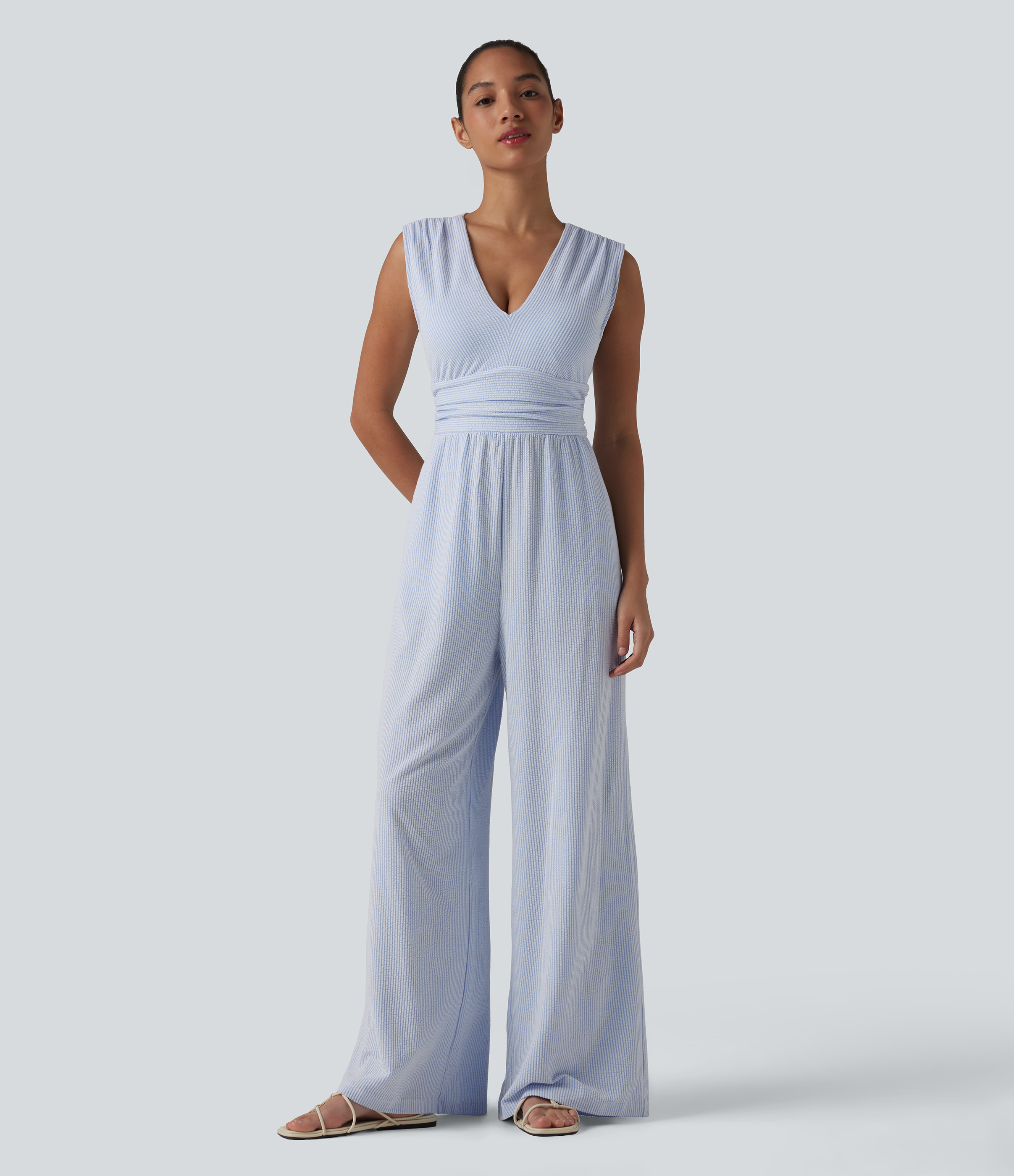 V Neck Sleeveless Built-in Bra Stripe Casual Jumpsuit with Pockets-Easy Peezy Edition