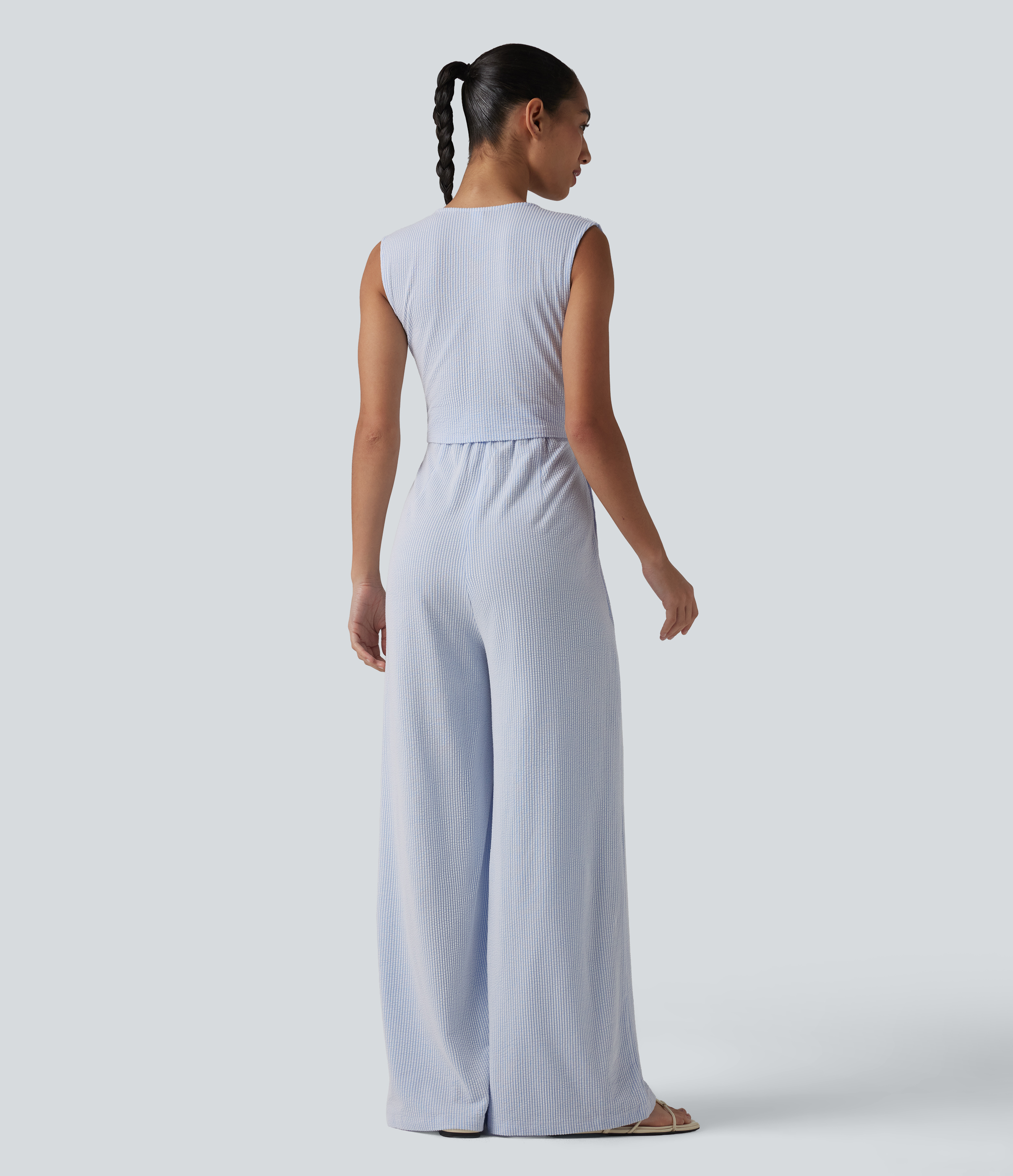 Air Seersucker V Neck Sleeveless Built-in Bra Stripe Casual Jumpsuit with Pockets-Easy Peezy Edition / 2