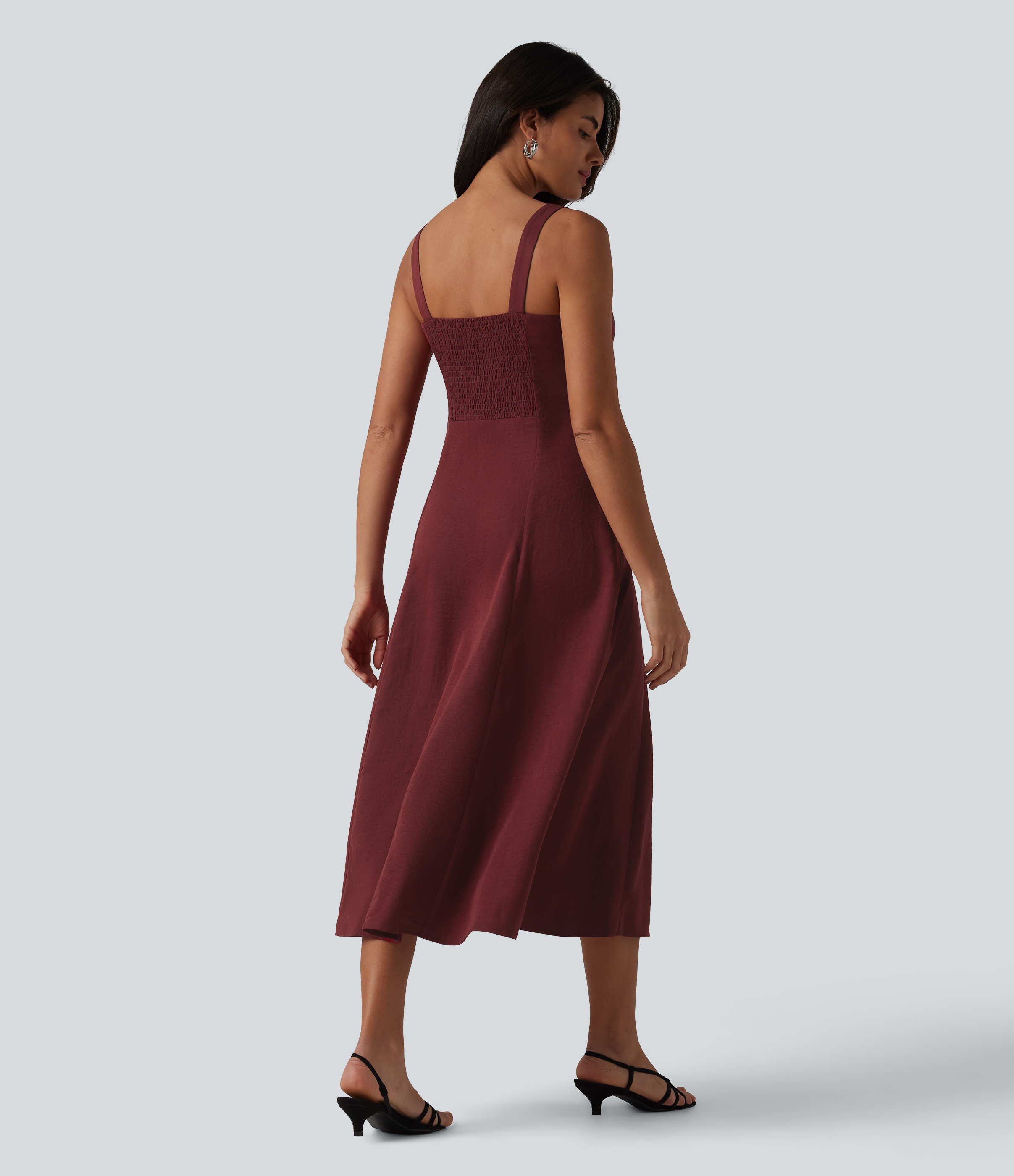 Wine Red Square Neck Notched Shirred Midi Flowy Bridesmaid And Wedding Guest Dress / 2