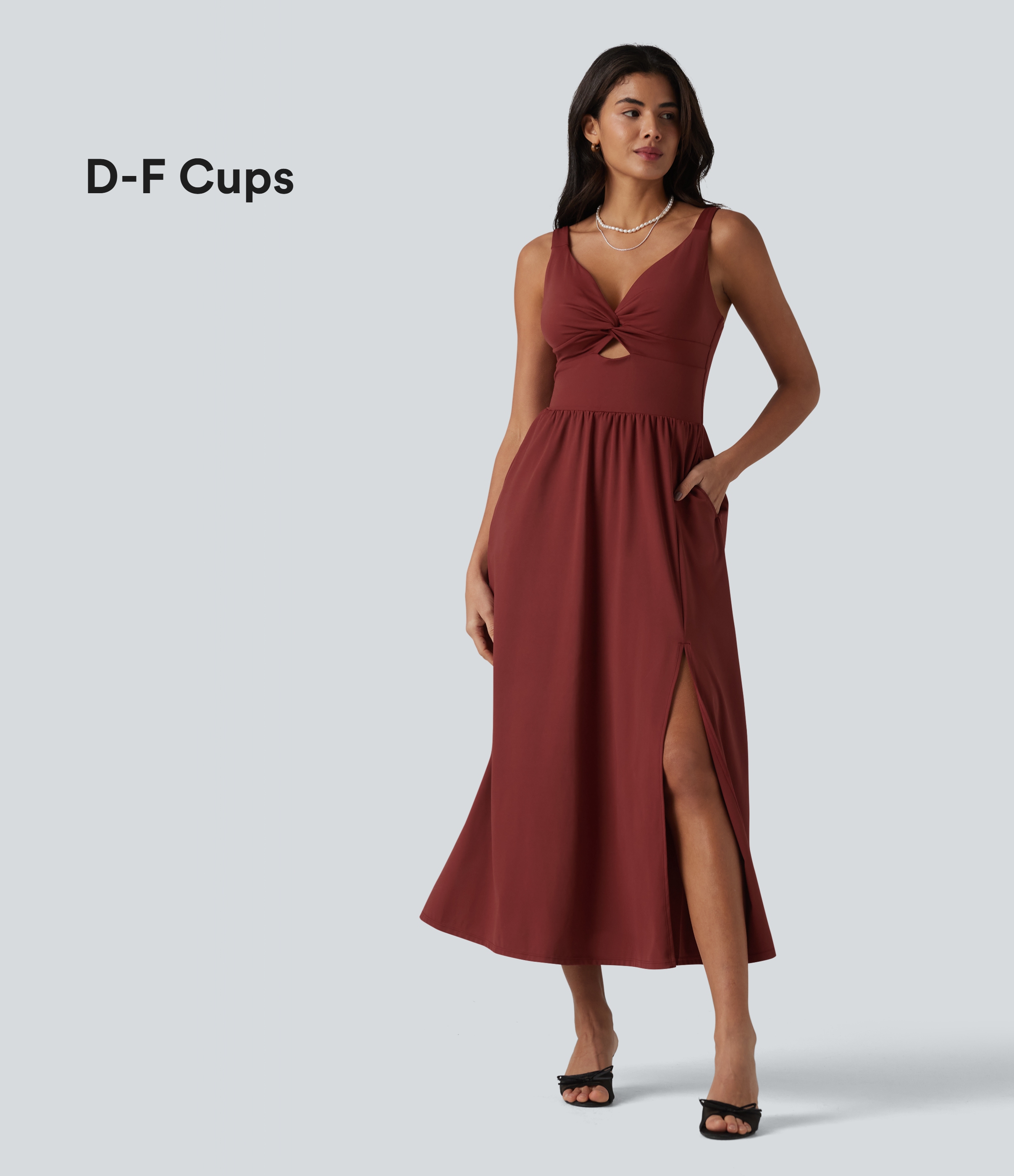 SoftlyZero™ Airy V Neck Non-Removable Pad Sleeveless Cool Touch Midi Dress with Pockets D-F