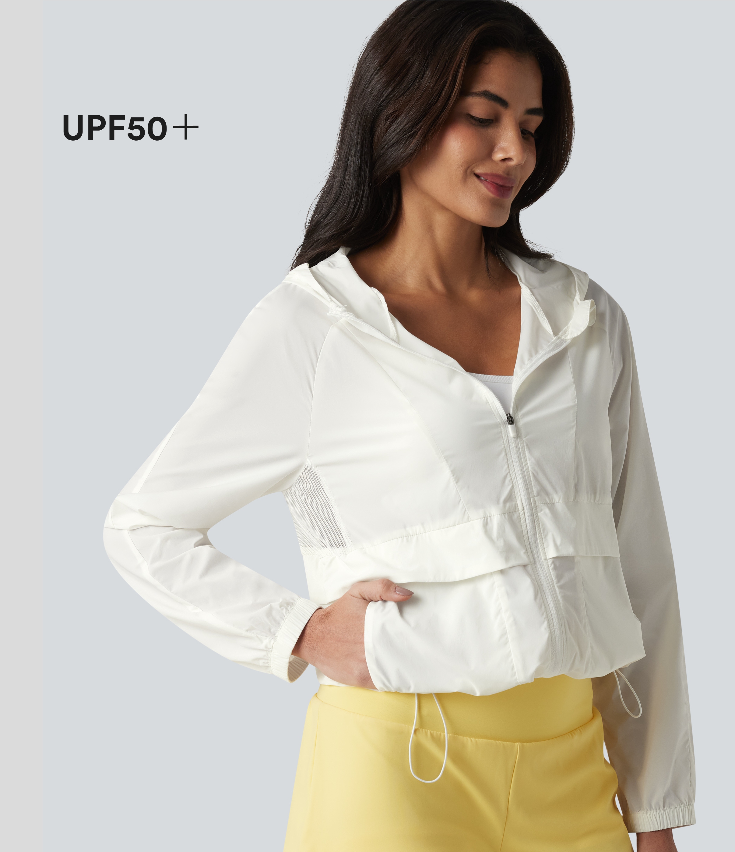 Hooded Long Sleeve Contrast Mesh Running Jacket with Pockets-UPF50+