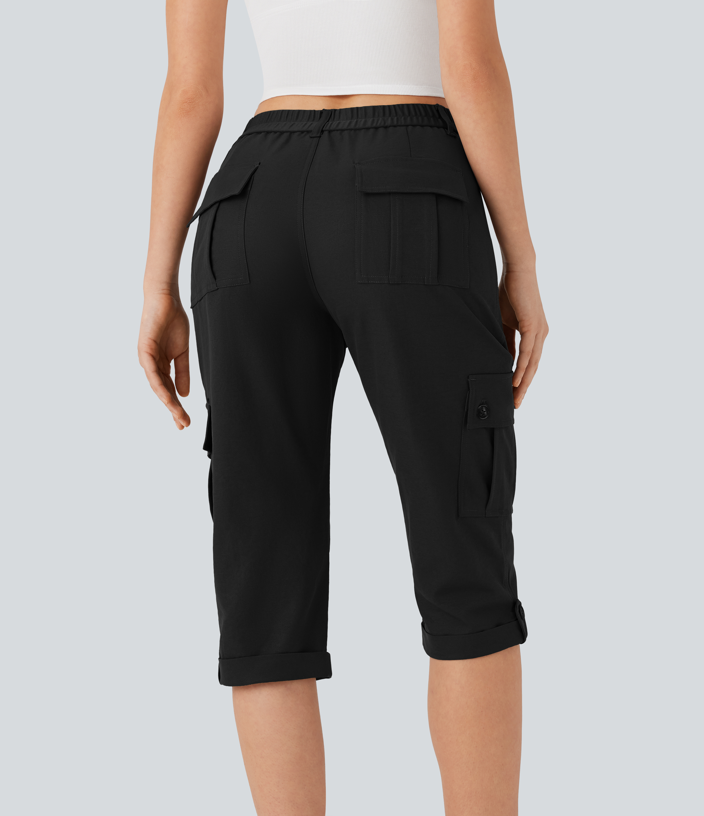 Noir Pantalon cargo décontracté taille moyenne à ourlet roulé avec poches à rabat / 2