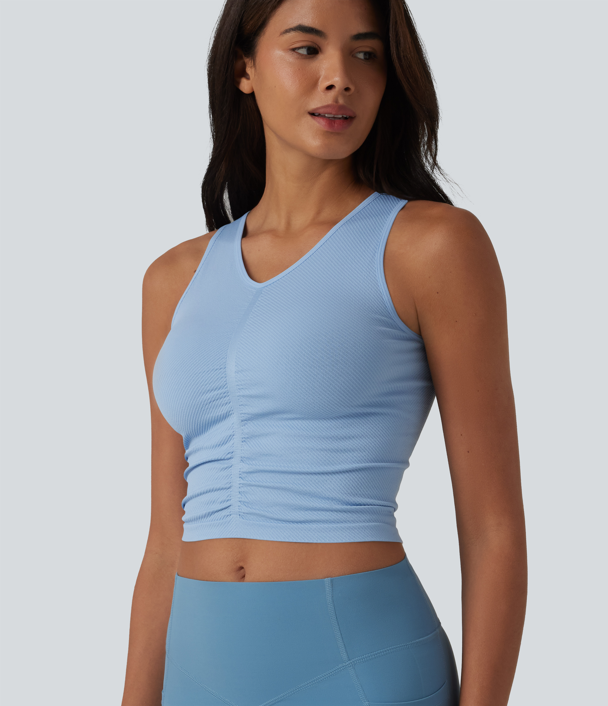 OneForm Seamless Flow V-Ausschnitt, gerafftes, kurzes Yoga-Top