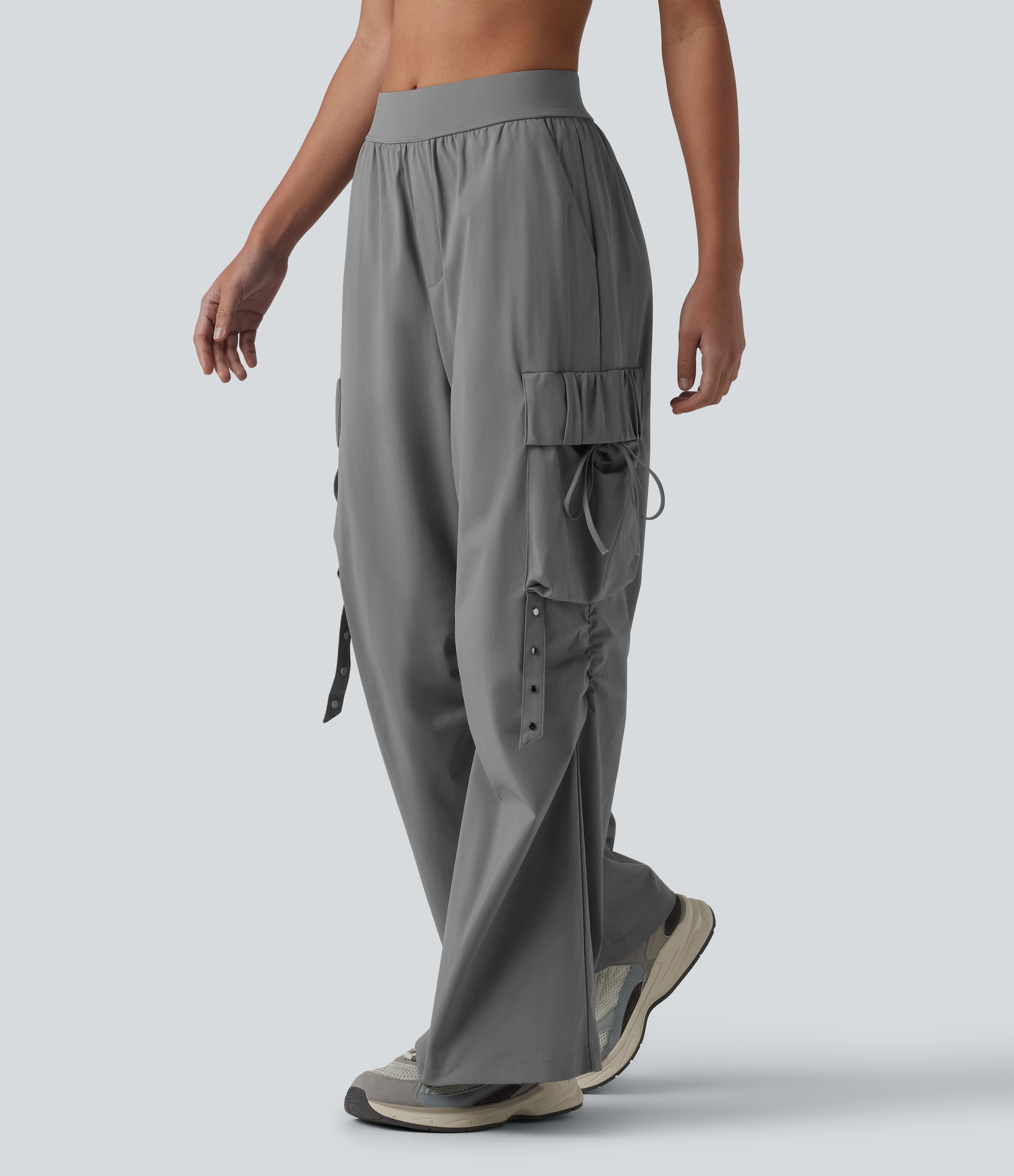 Mid Rise Ruched Tie Workout Cargo Bootcut Trousers with Pockets
