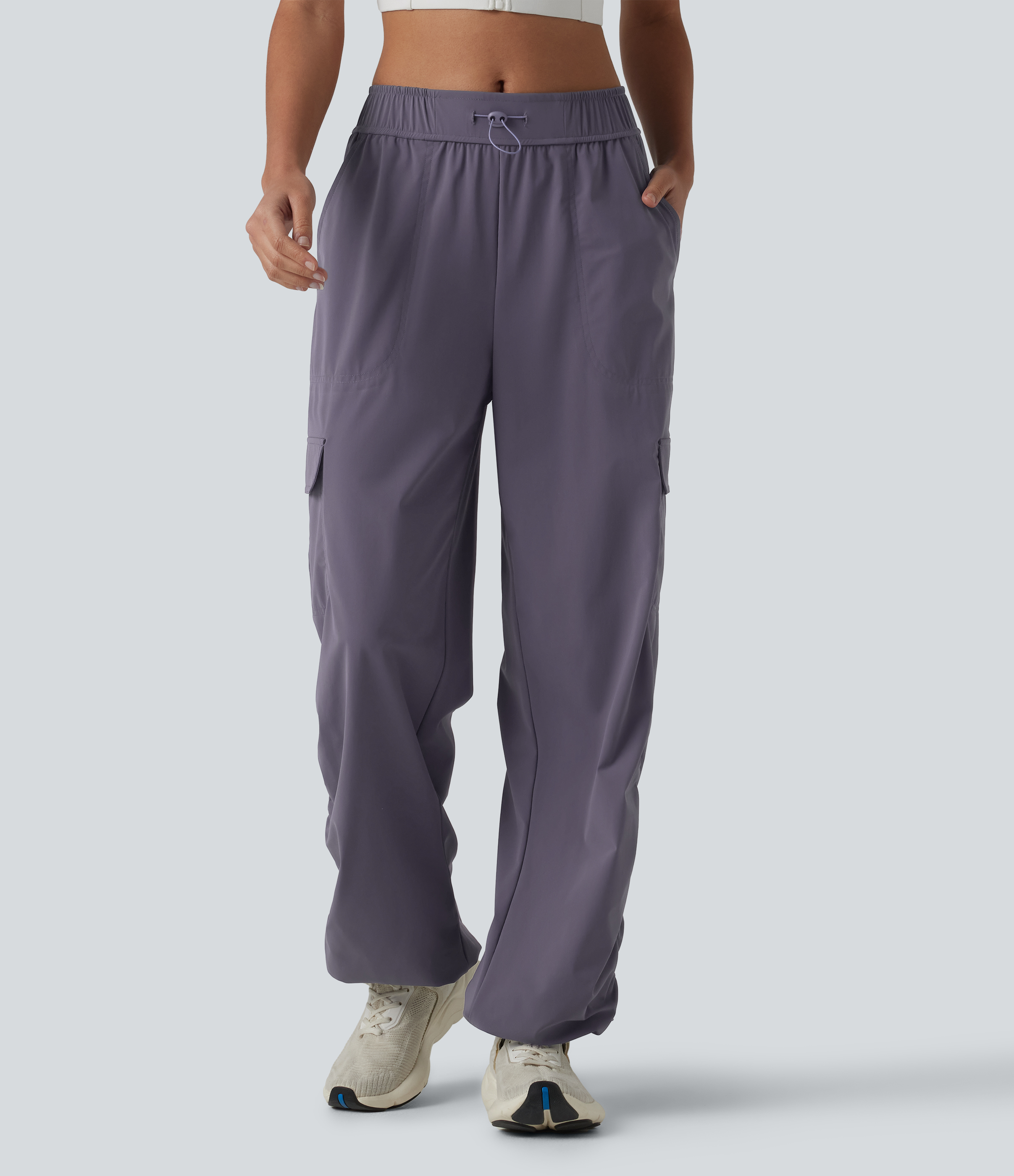 Mid Rise Adjustable Drawcord Ruched Quick Dry Running Cargo Joggers with Pockets