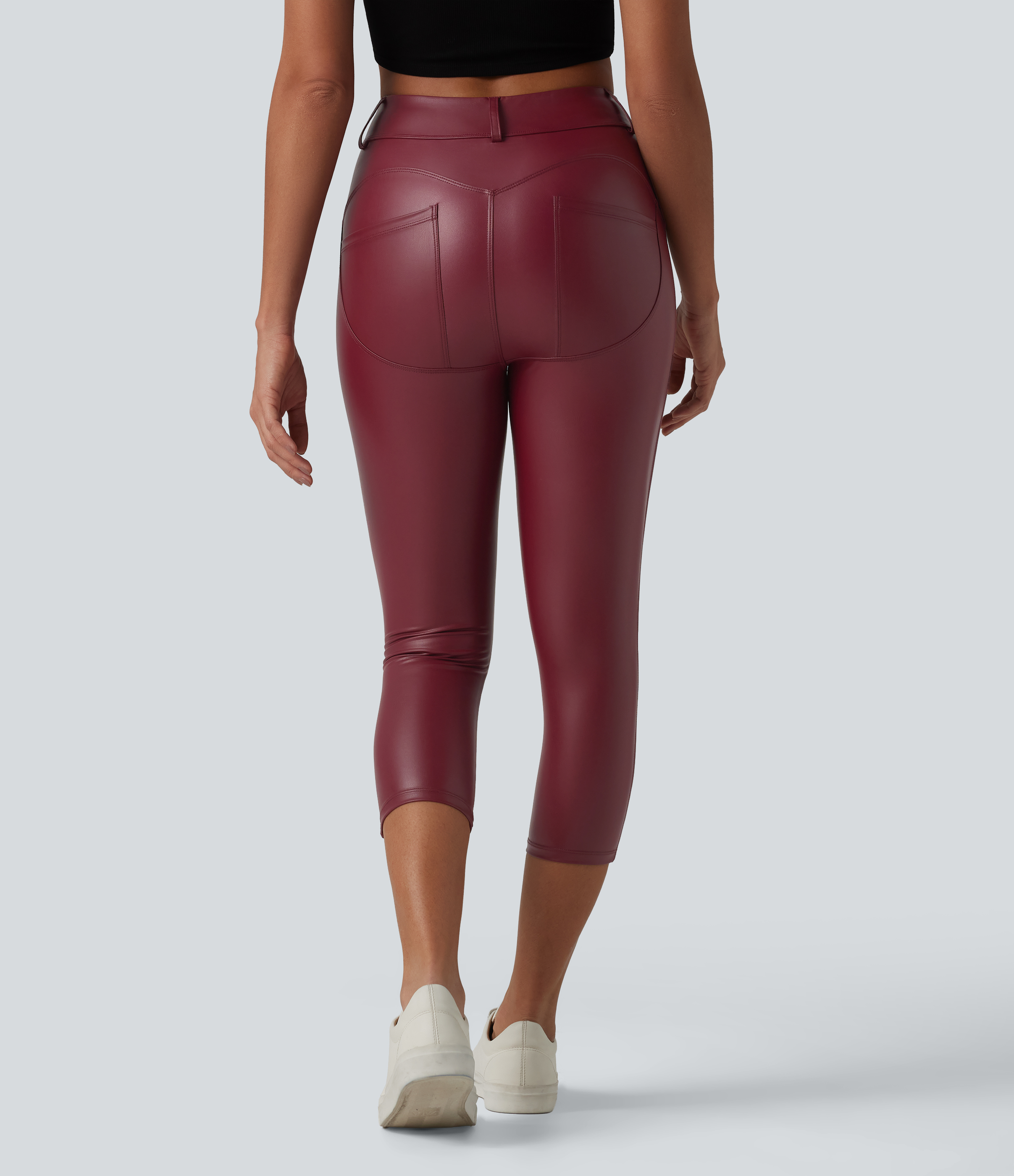 High Waisted Stretchy PU Casual Capri Leggings with Pockets