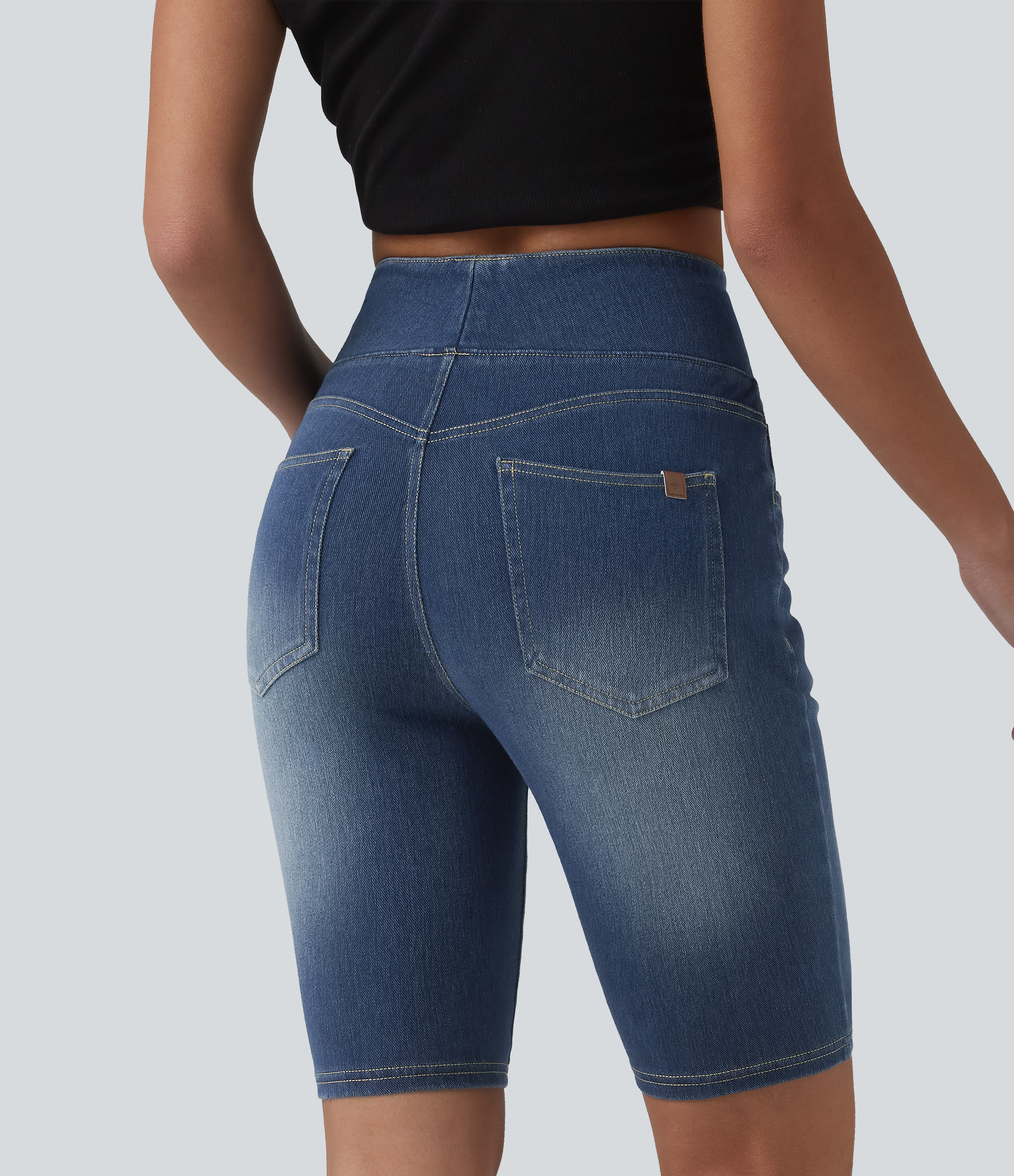 Tide Blue Denim Halara Flex™ High Waisted Tummy Control Denim Casual Shorts 9'' with Pockets / 2