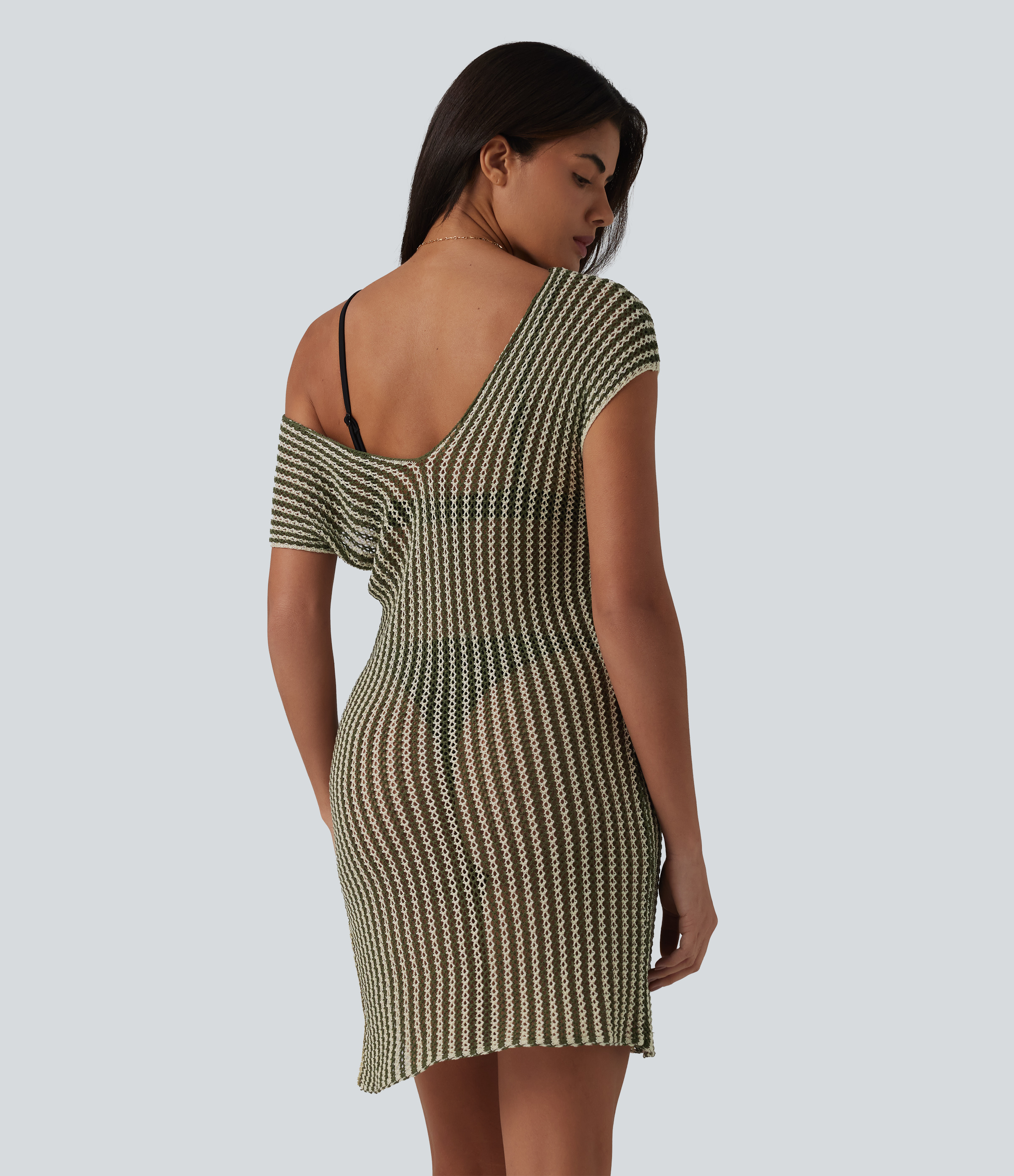 Olive Cream Stripe V-neck Batwing Sleeve Split Mini Hollow Out Resort Cover Up Dress / 2