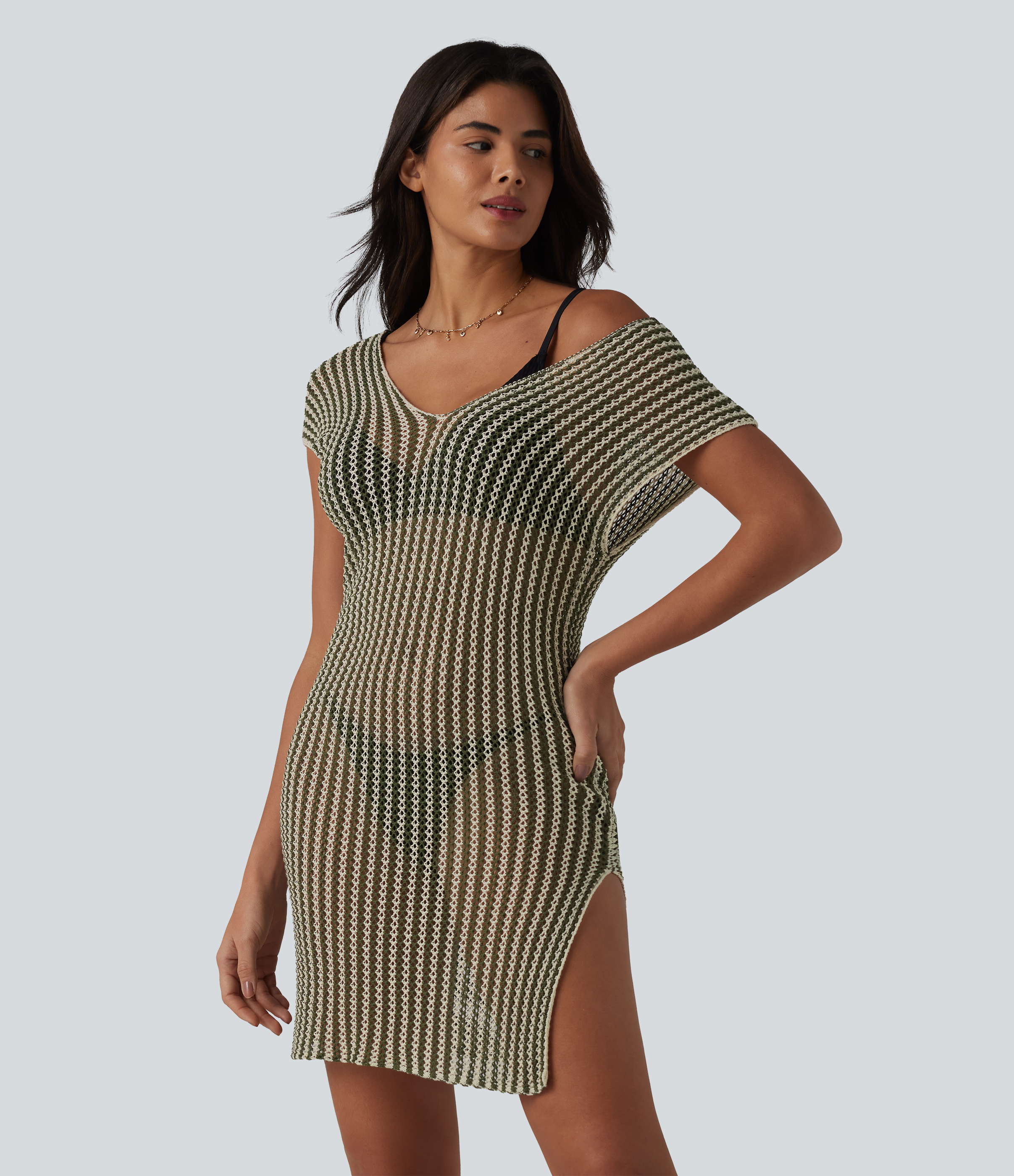 V-neck Batwing Sleeve Split Mini Hollow Out Resort Cover Up Dress