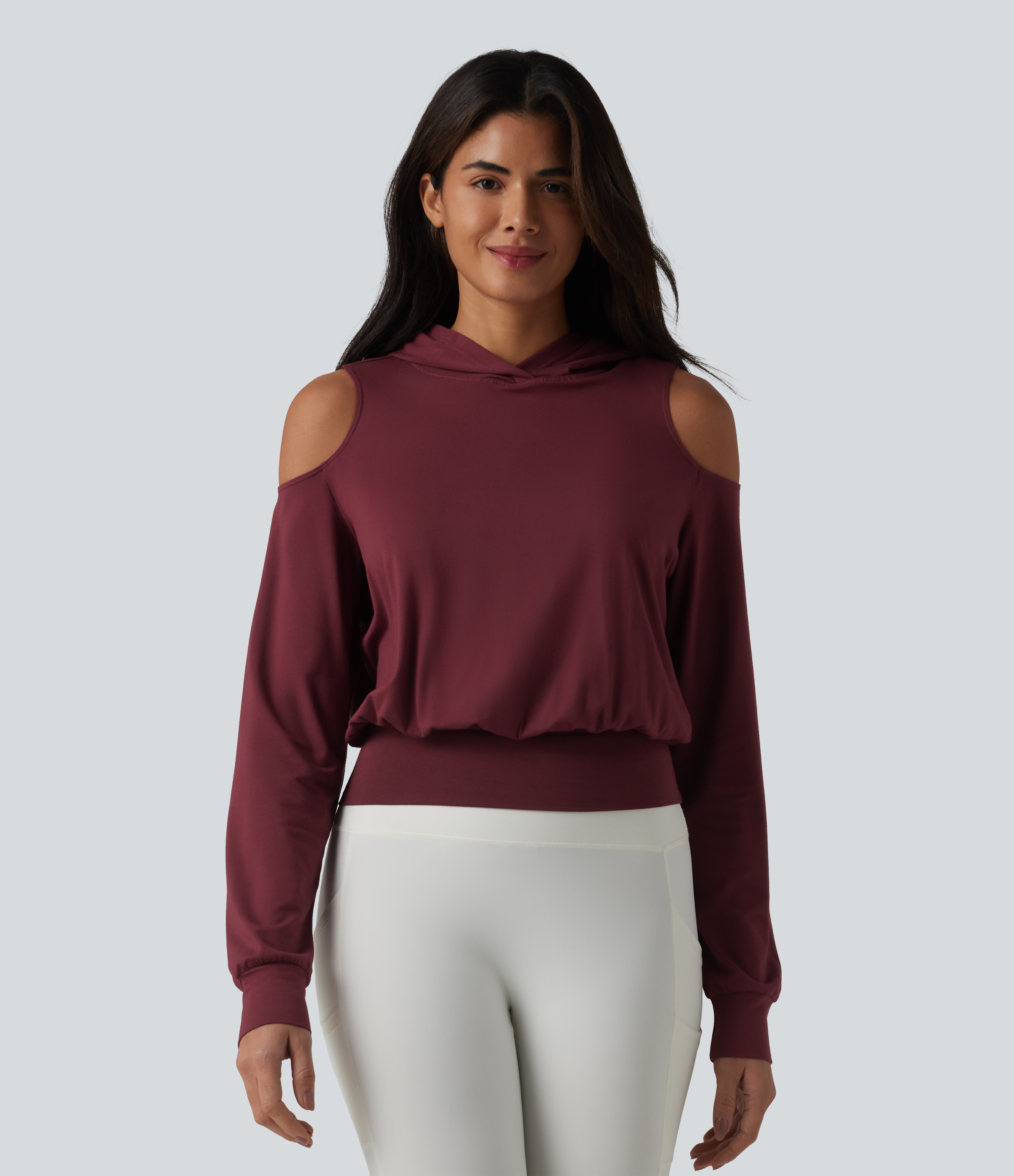 Kapuzensweatshirt mit ausgeschnittenen Schultern (Cold-Shoulder), langärmlig, fürs Workout