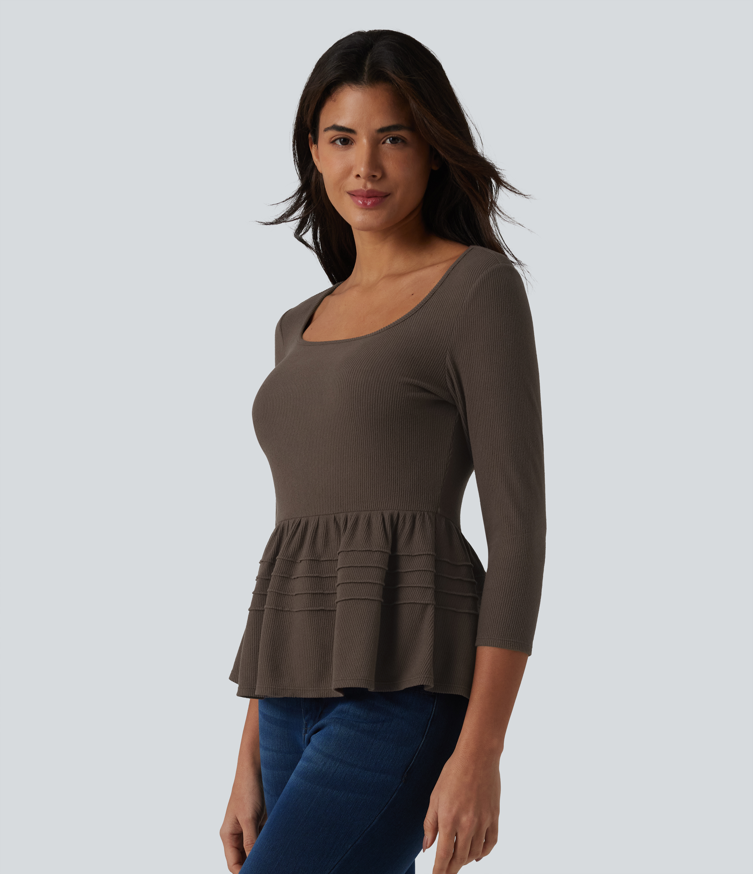 Lässiges Babydoll-Top aus geripptem Strick mit U-Ausschnitt und 3/4-Ärmeln