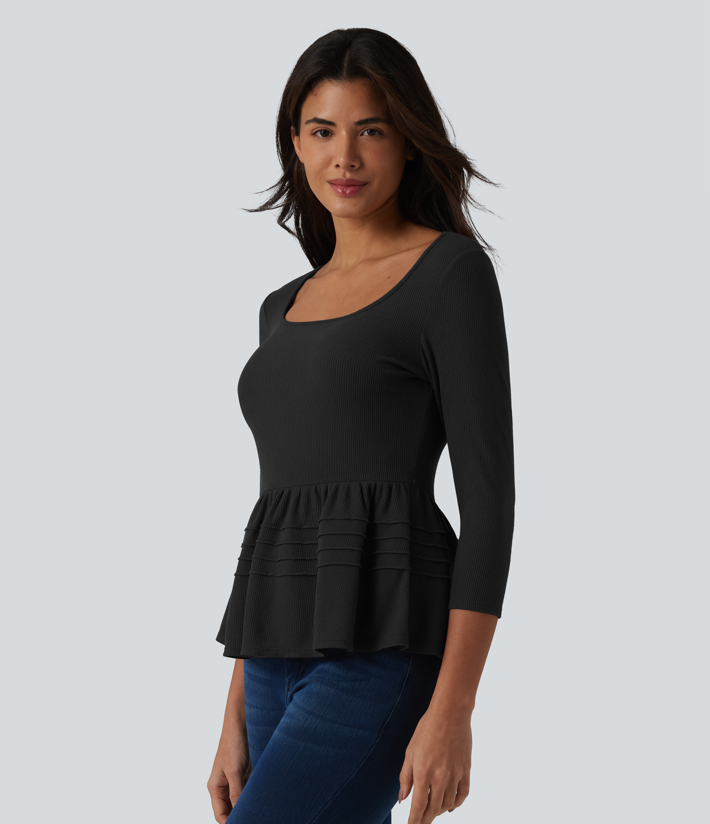 Ribbed Knit U-Neck 3/4 Sleeve Casual Babydoll Top