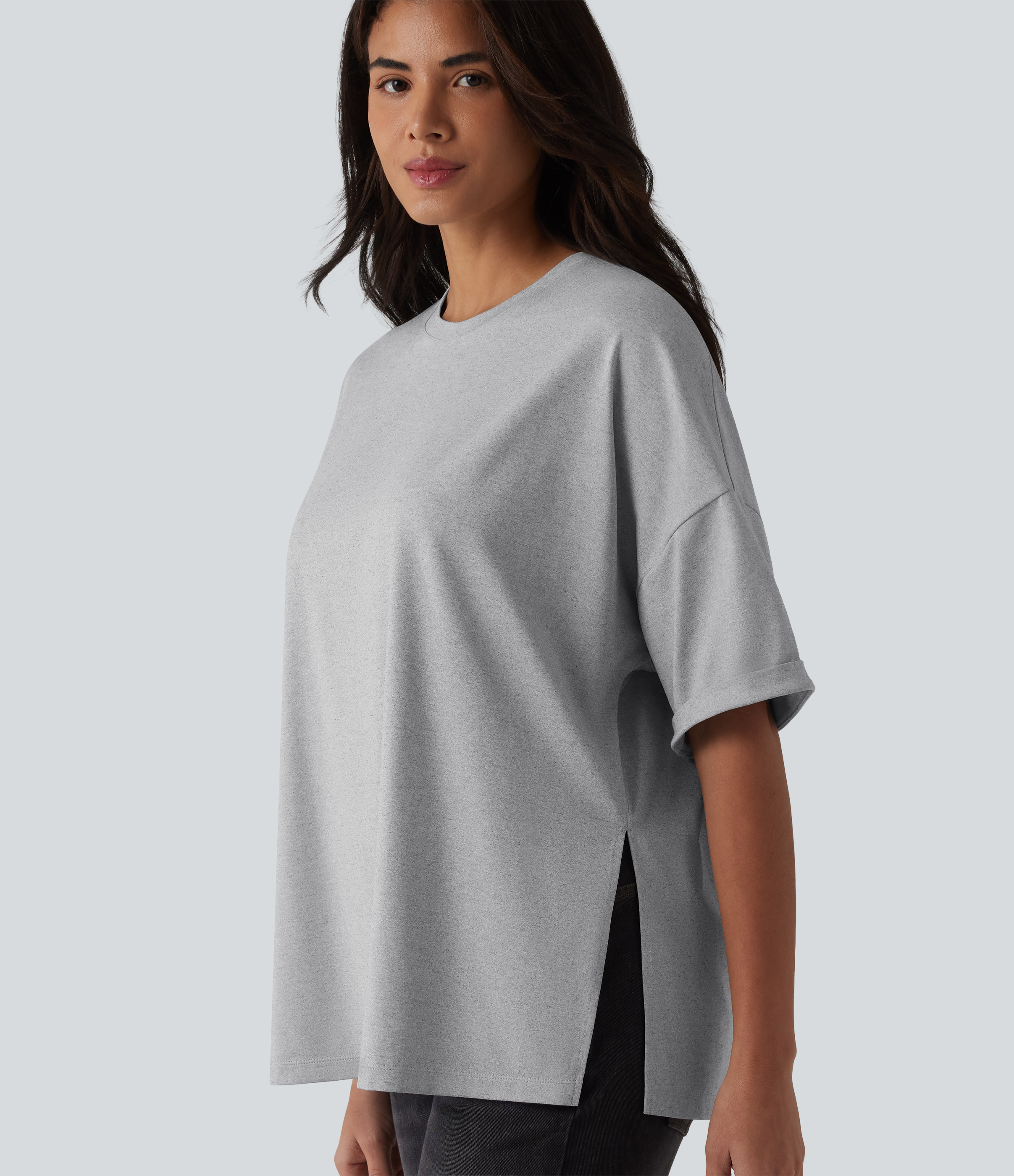 Round Neck Rolled Sleeve Split Hem Relaxed Casual T-Shirt