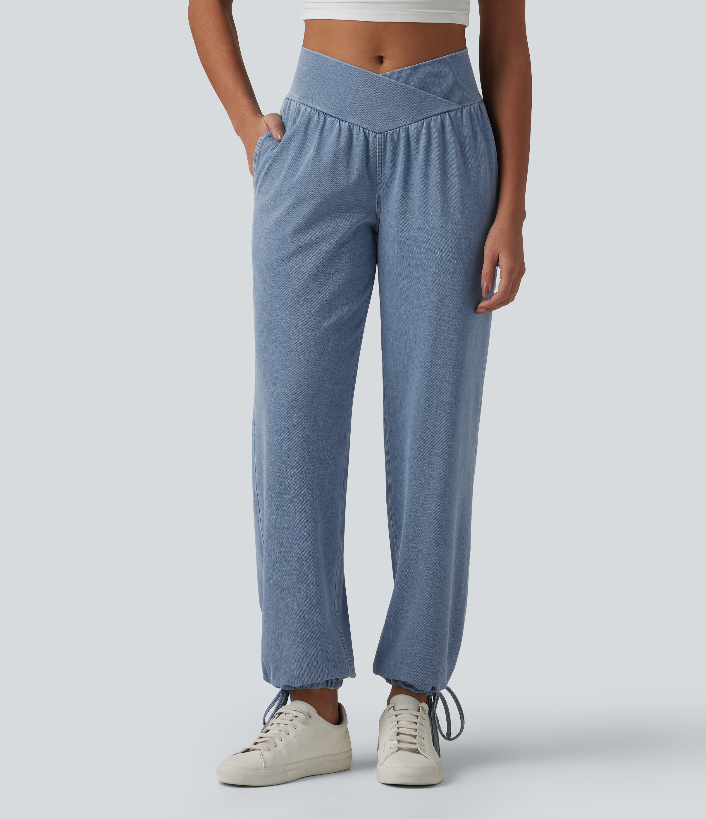 Halara Flex™ Mid Rise Crossover Drawstring Denim Casual Joggers with Pockets