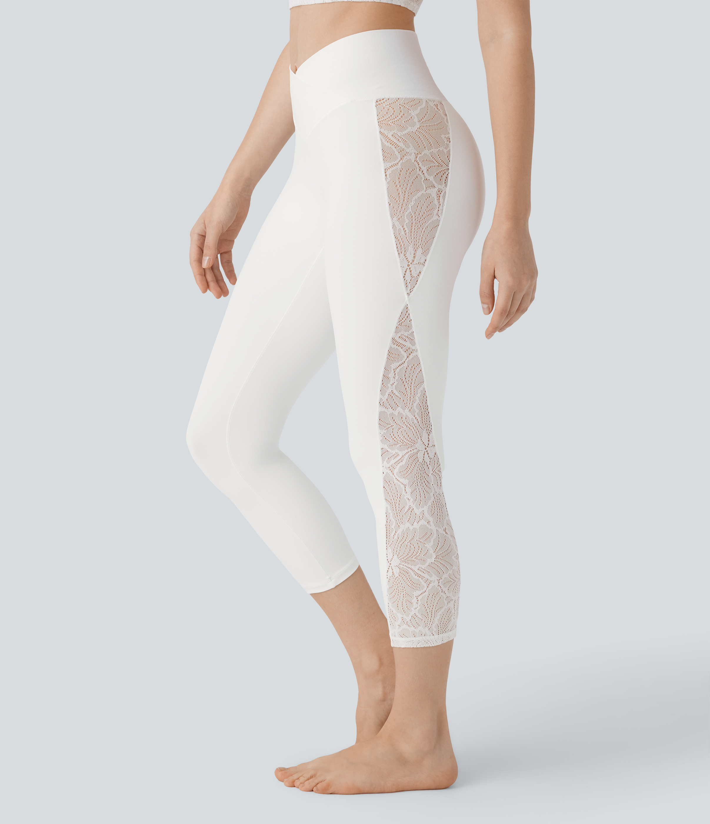 SoftlyZero™ High Waisted Crossover Contrast Lace Capri Yoga Leggings-UPF50+