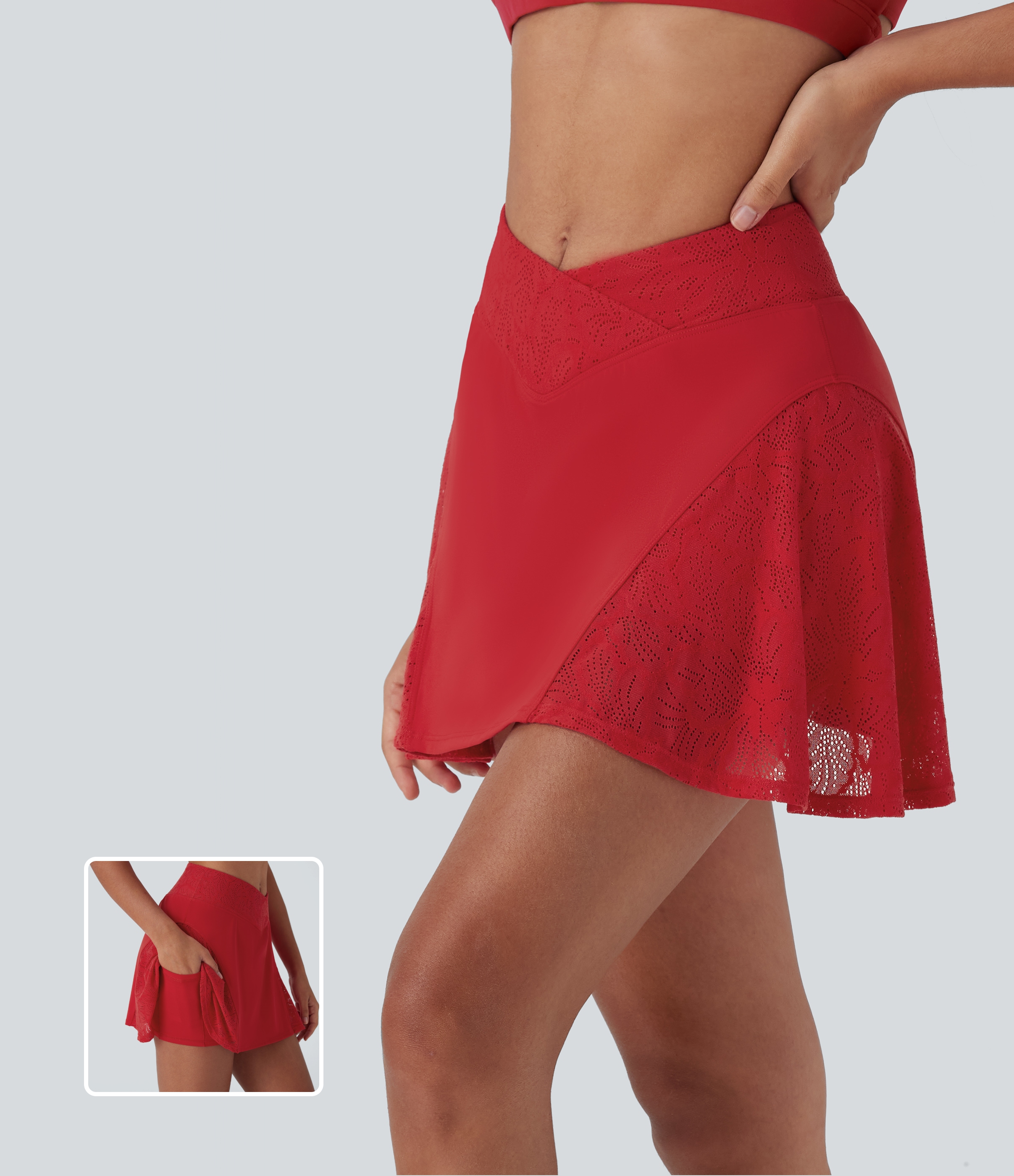 Jupe mini de yoga 2-en-1 SoftlyZero™ Airy croisée taille haute avec dentelle contrastante, toucher frais et poche – UPF 50+