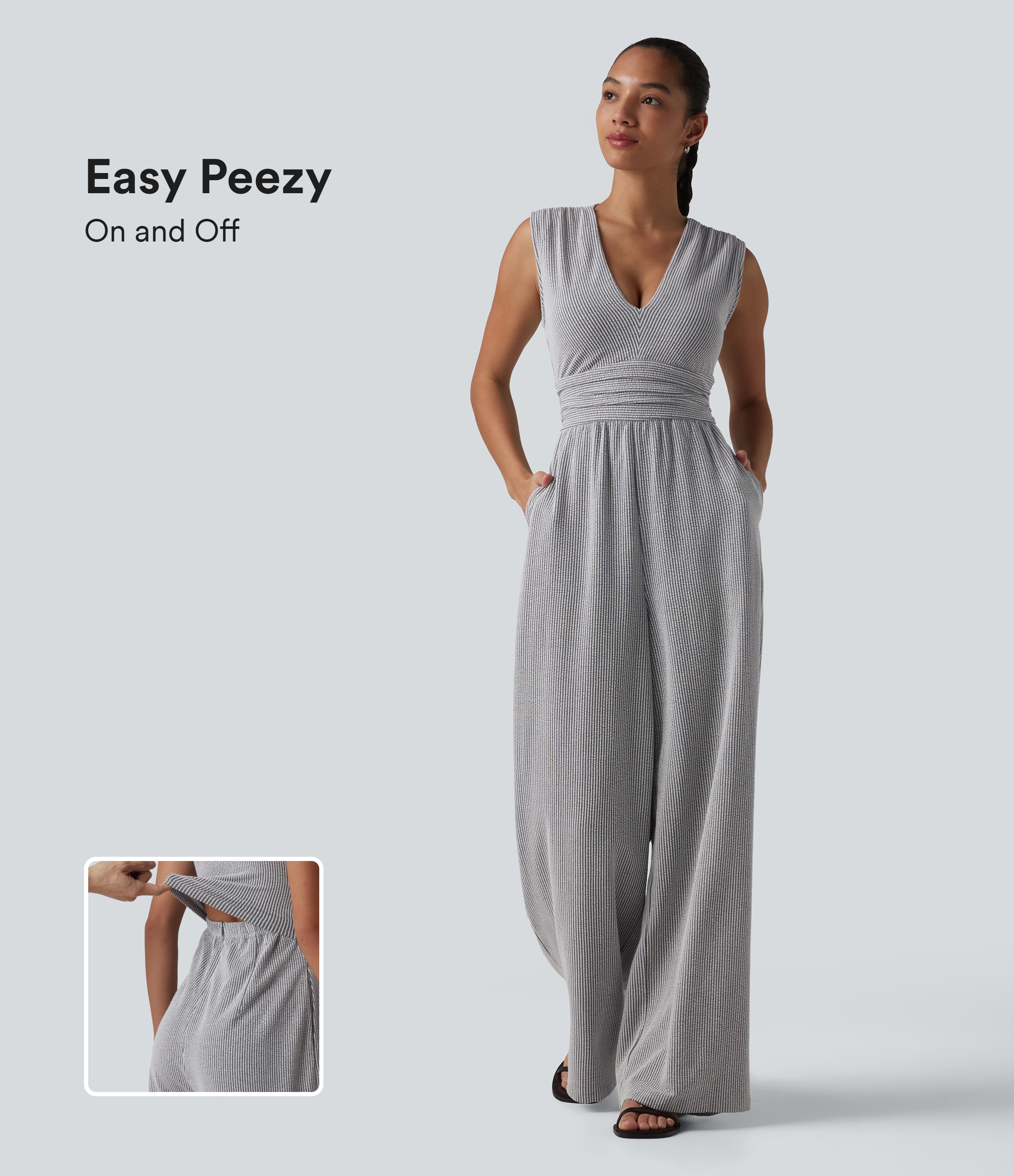 Ärmelloser Jumpsuit mit V-Ausschnitt, Seitentaschen, integriertem BH und Streifen - Easy Peezy Edition