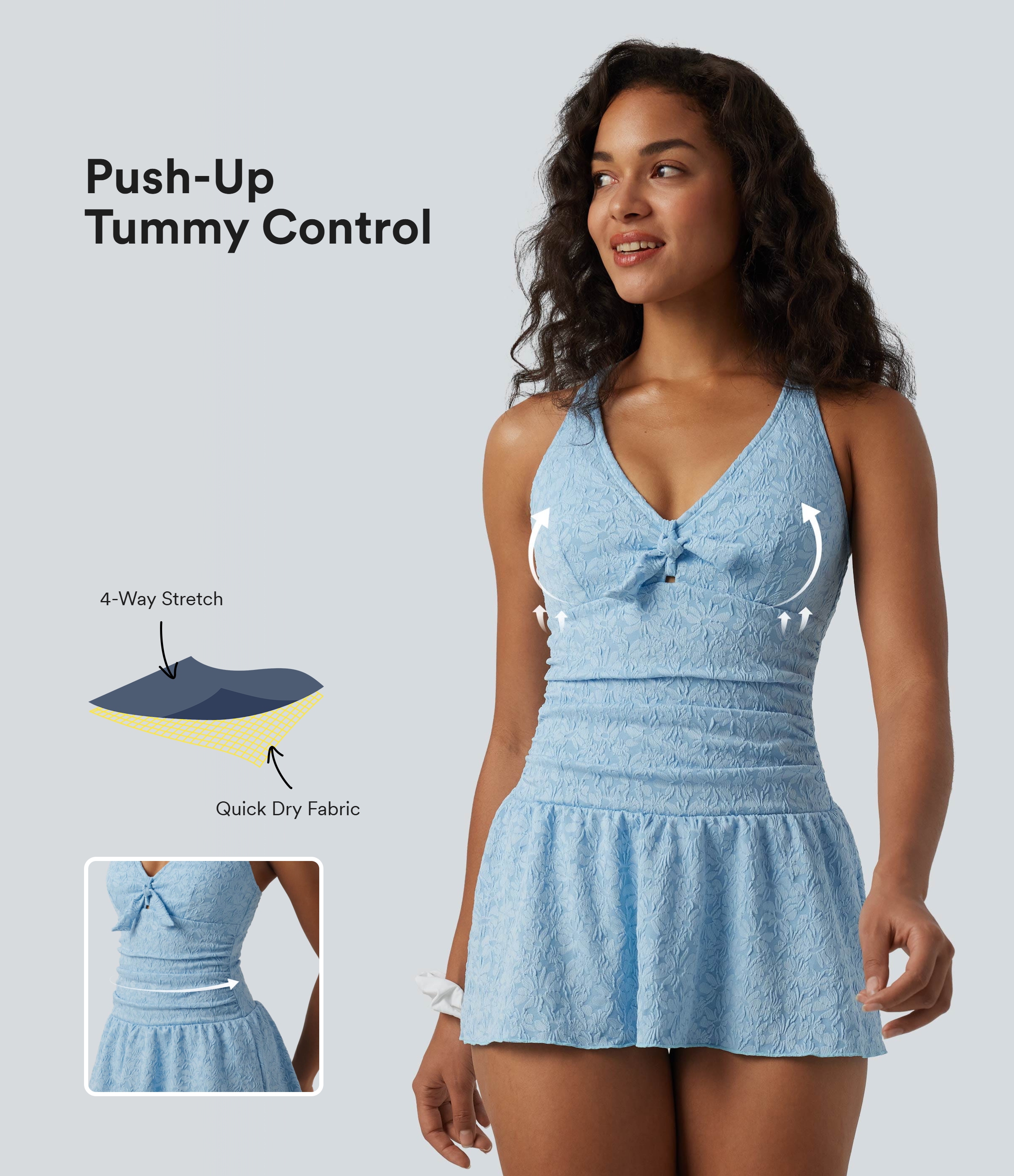 Geraffter 2-in-1 Badeanzug aus Jacquard mit V-Ausschnitt, verstellbaren Trägern, Bauchkontrolle und Bindebändern vorne - Push-Up