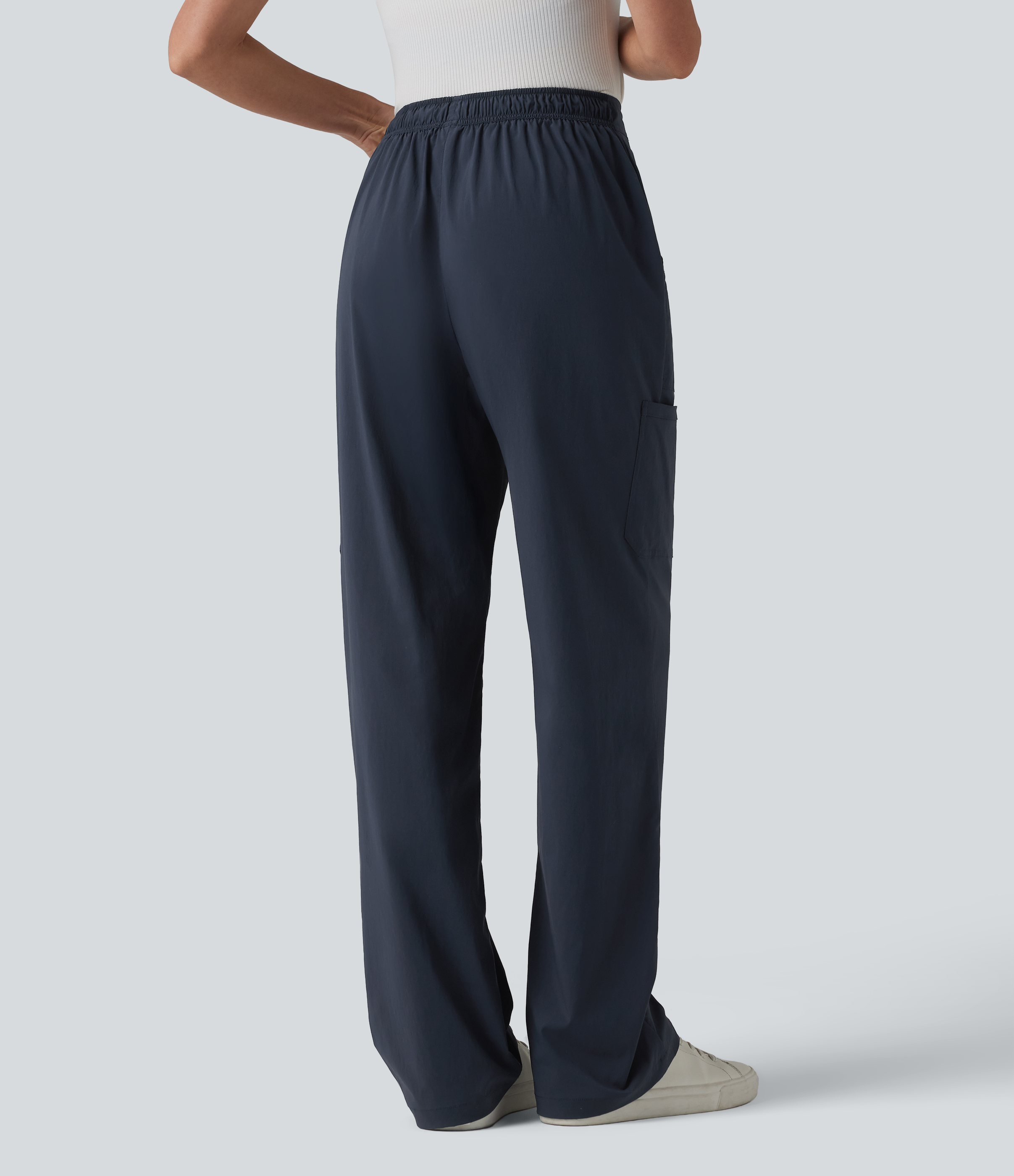 Midnight Blue Pantalon cargo taille mi-haute à cordon, longueur de jambe réglable, coupe droite décontractée, avec poches / 2