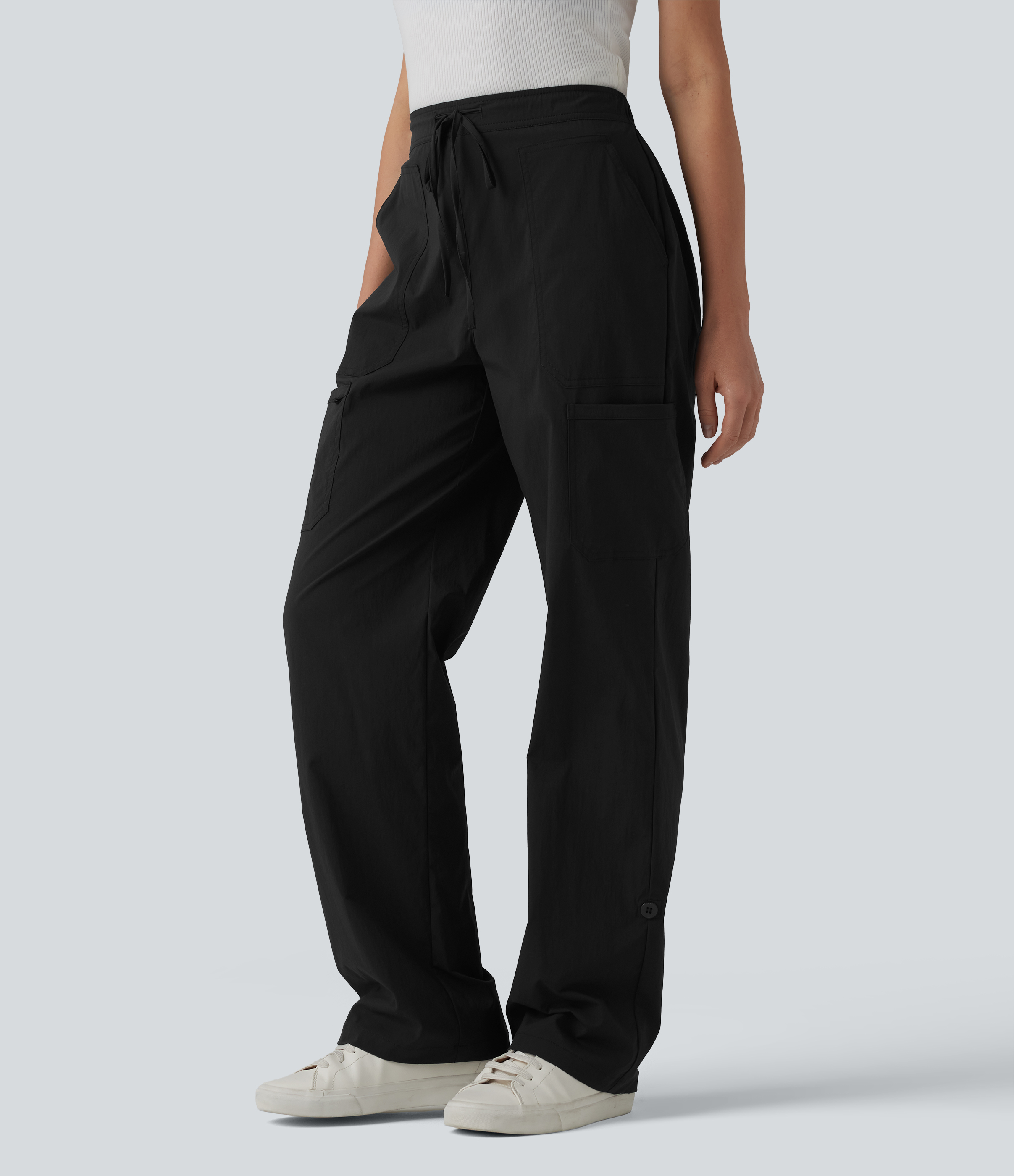 Mid Rise Drawstring Adjustable Pant Length Casual Straight Leg Cargo Pants with Pockets