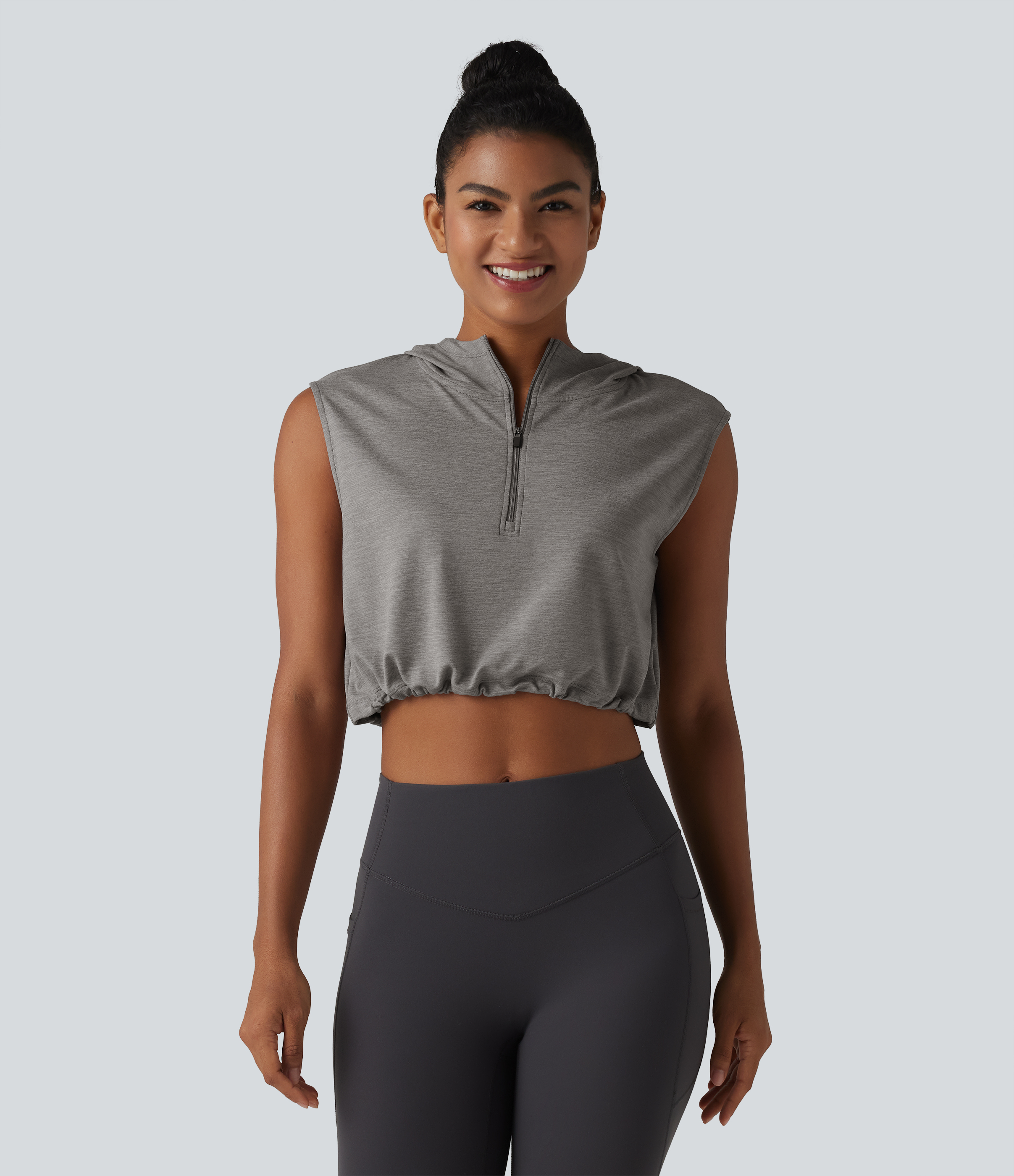 Hooded Sleeveless Half Zip Cropped Yoga Tank Top