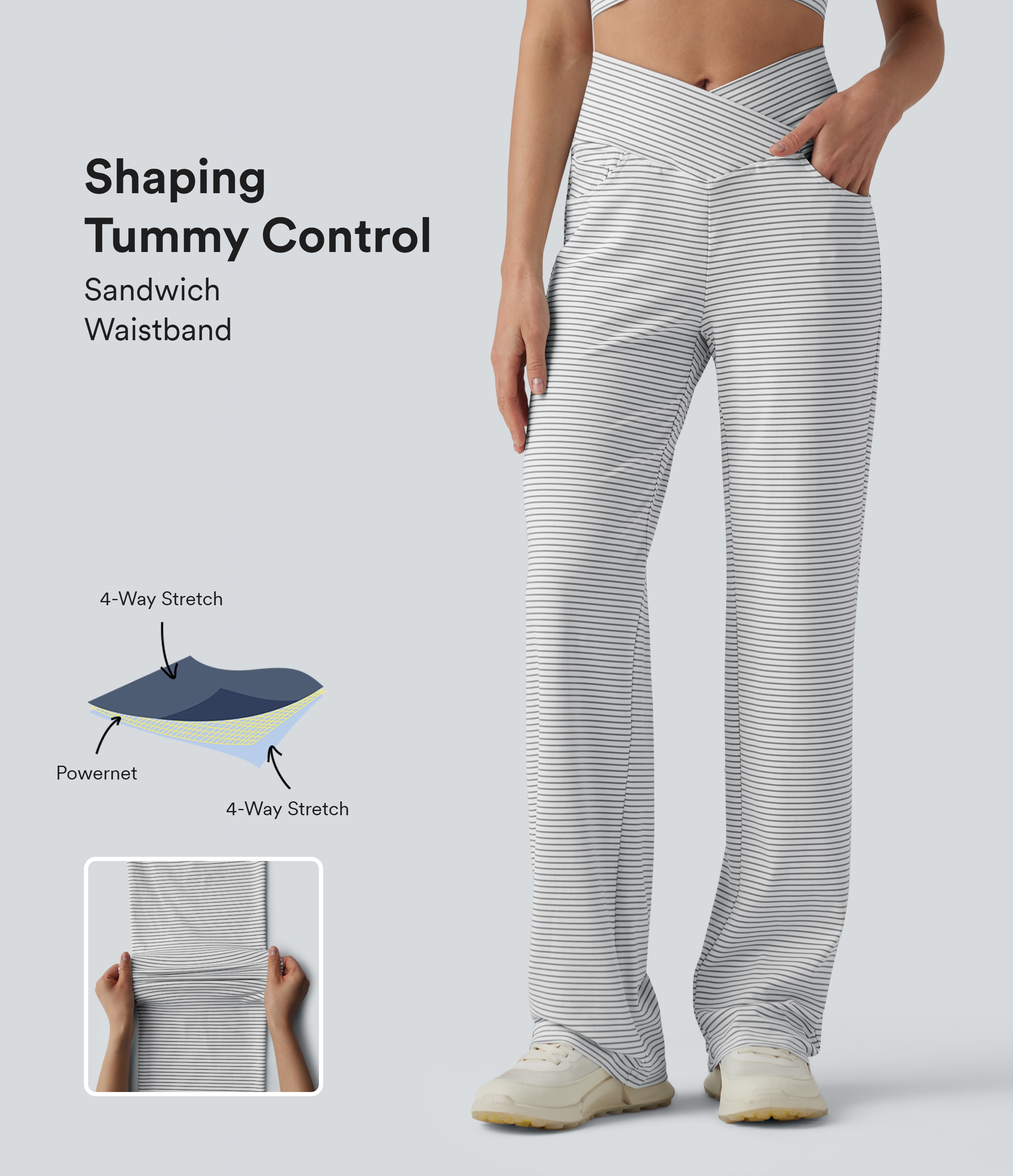 Pantalon de yoga droit taille haute croisée ventre plat à rayures avec poches