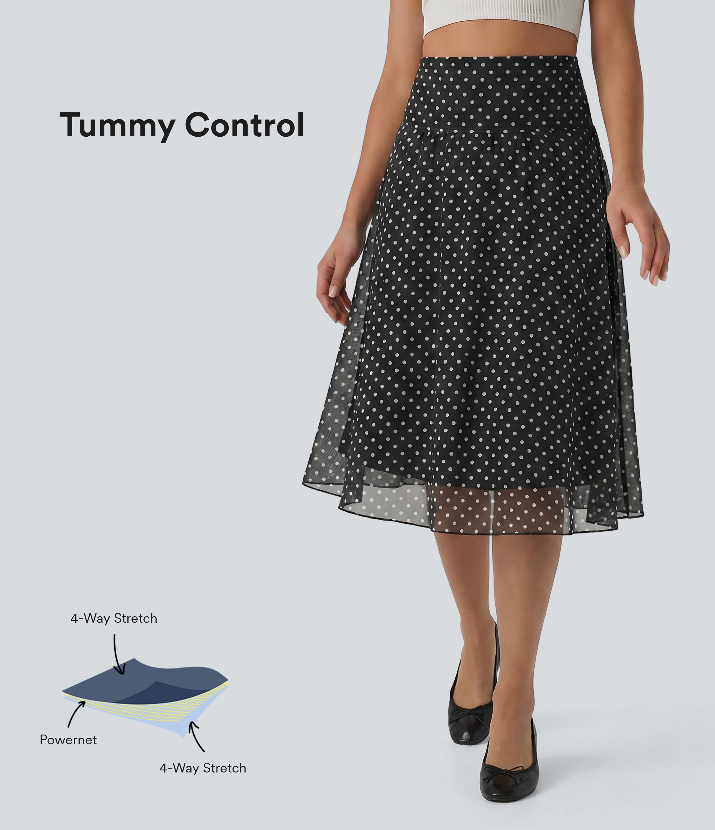 Casual knielange rok met hoge taille, buikcorrigerend, van netstof met stippen, met zakken