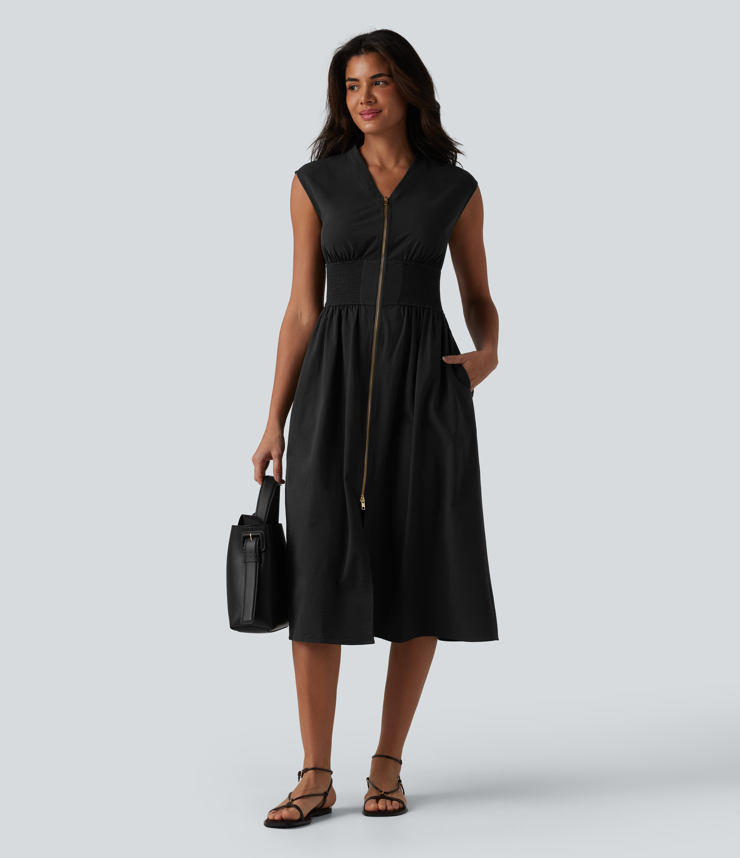 V Neck Sleeveless 2-Way Zipper Midi Work Dress with Pockets
