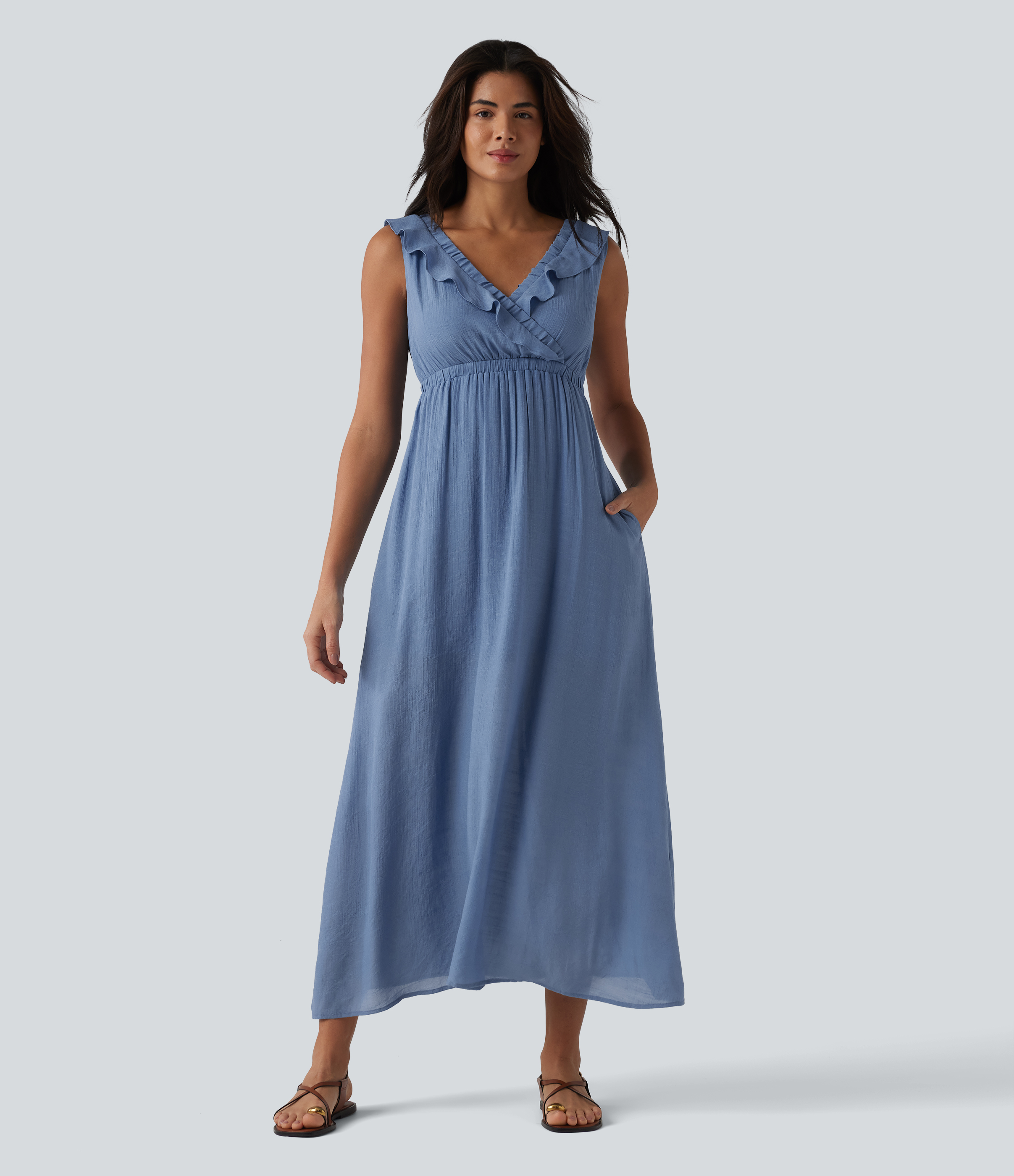 Rückenfreies, ärmelloses Midikleid mit V-Ausschnitt, Seitentaschen und Rüschenbesatz