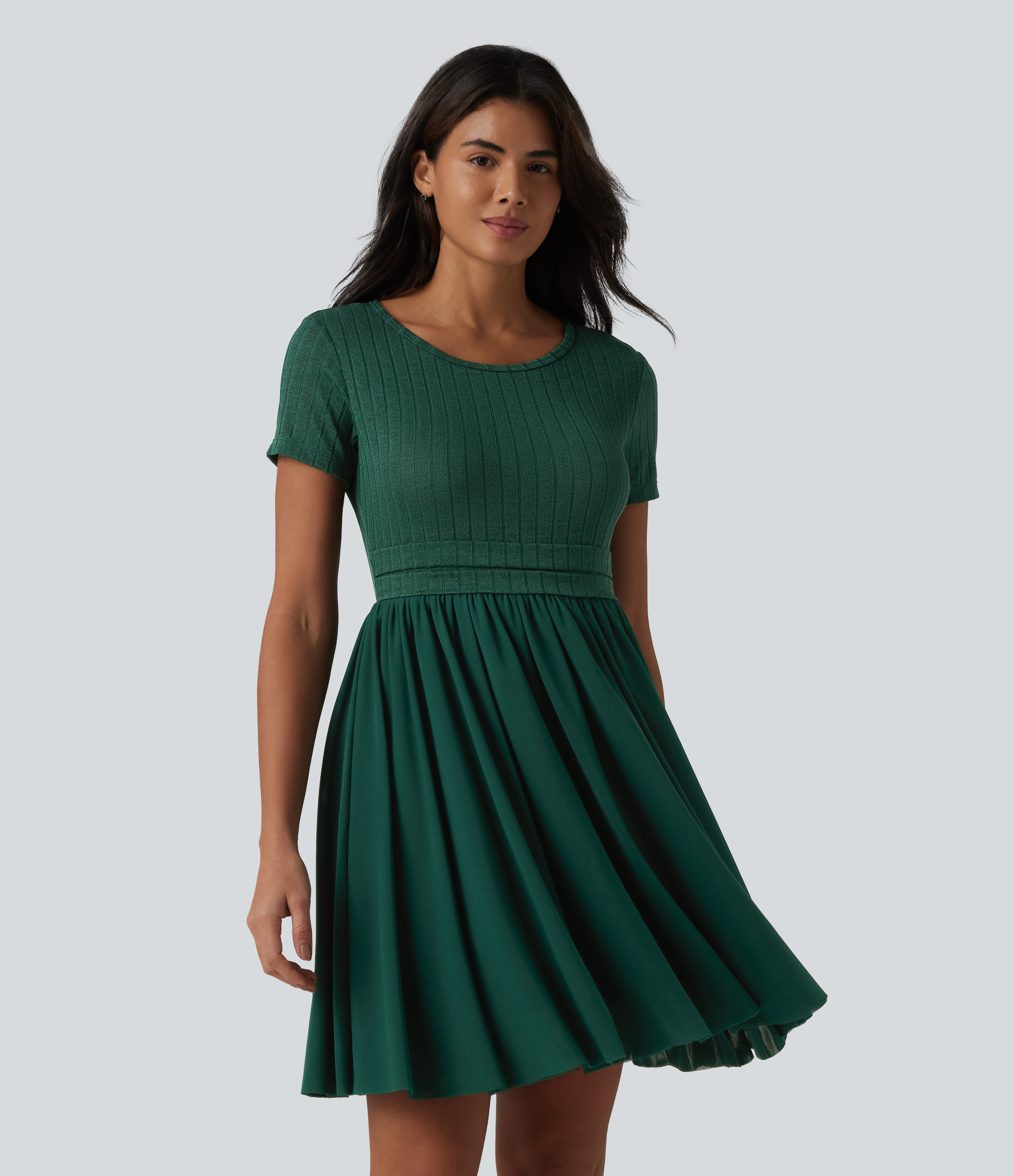 Round Neck Short Sleeve Contrast Mesh Mini Casual Flowy Dress