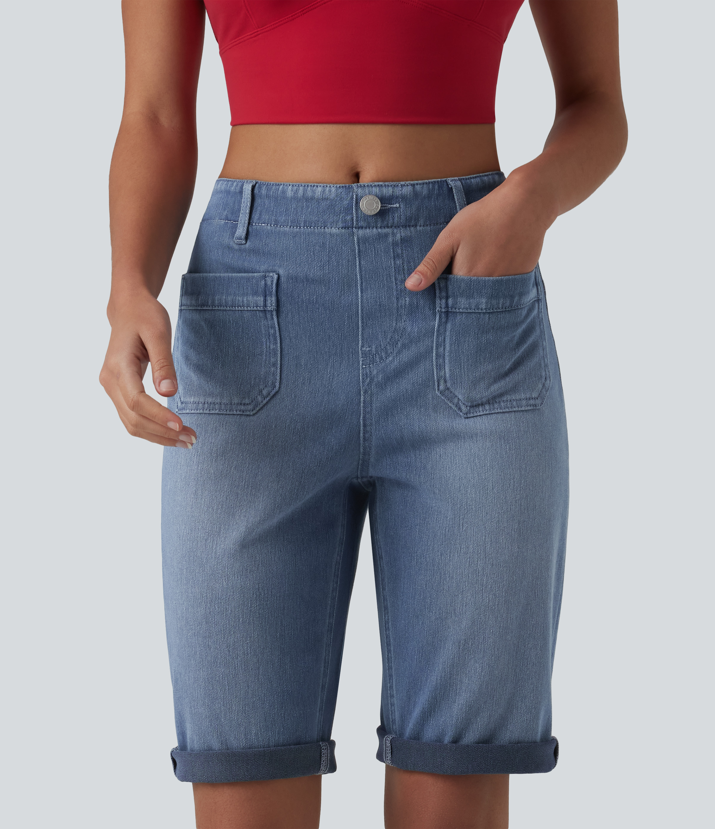 Halara Flex™ Short en jean casual taille mi-haute ourlet roulé avec poches