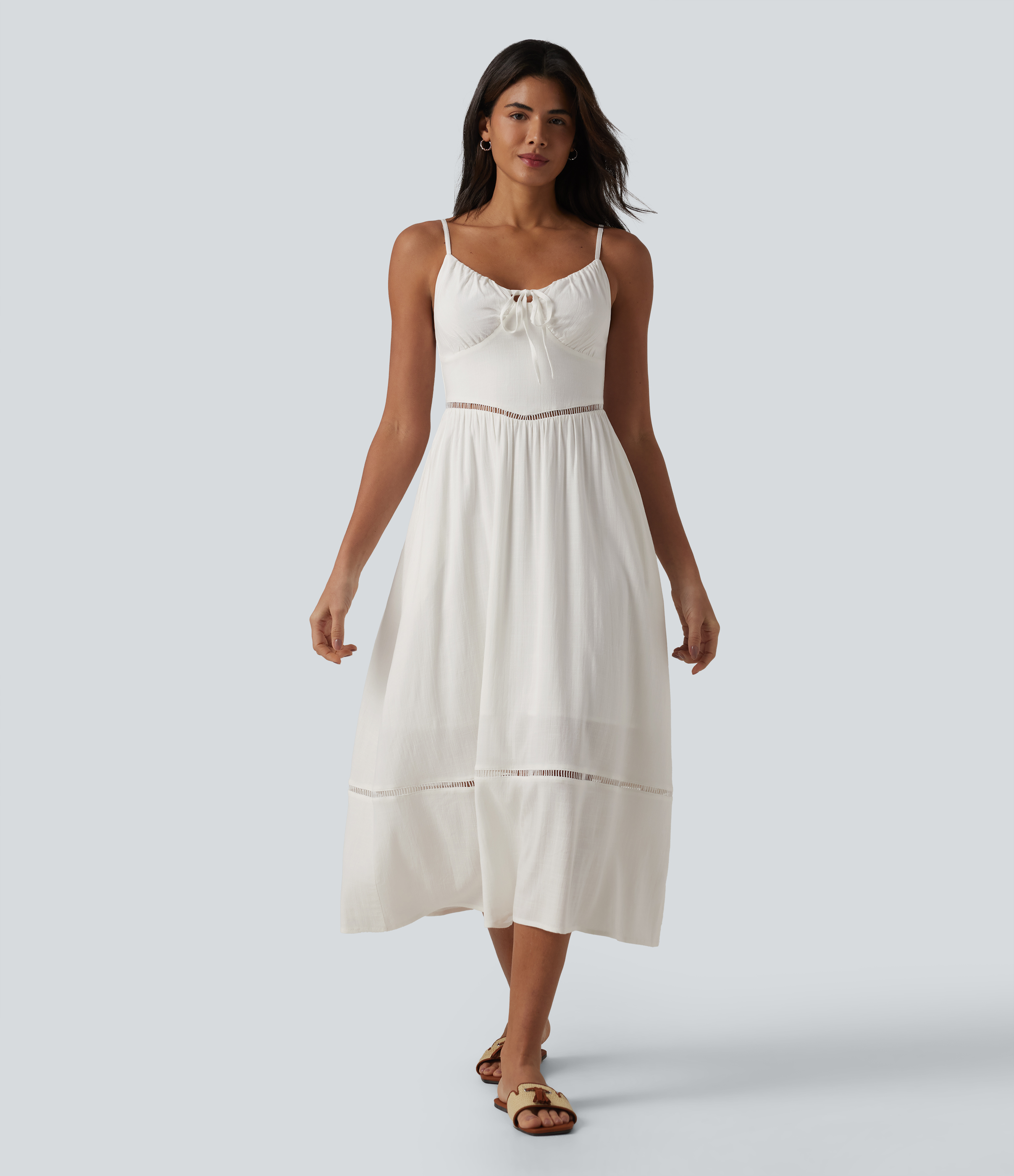 Tie Front Cut Out Midi Linen-Feel Slip Dress with Pockets