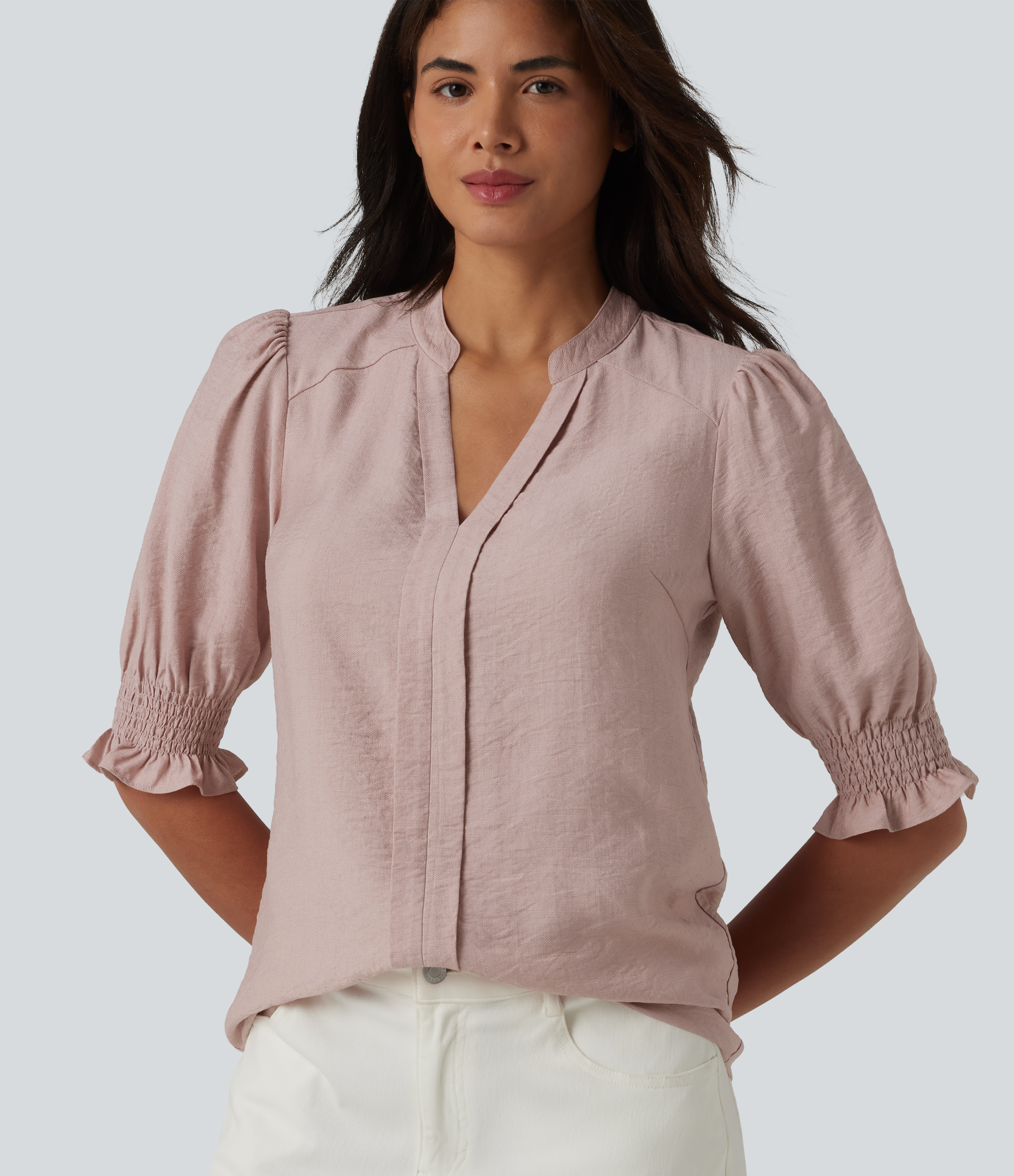 Blouse décontractée à col en V et manches courtes bouffantes