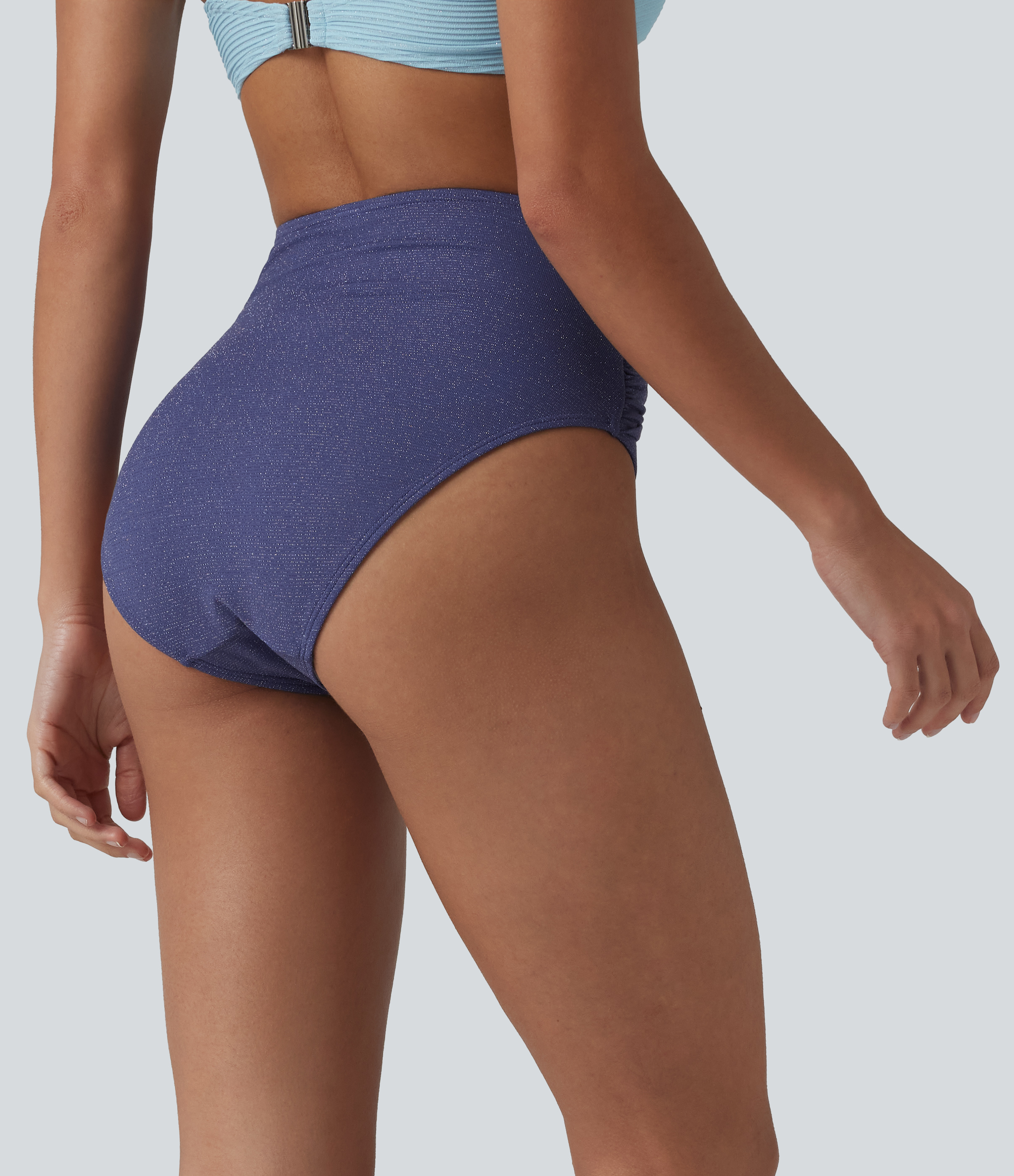 Skipper Blue High Waisted Tummy Control Metallic Bikini Bottom Swimsuit / 2