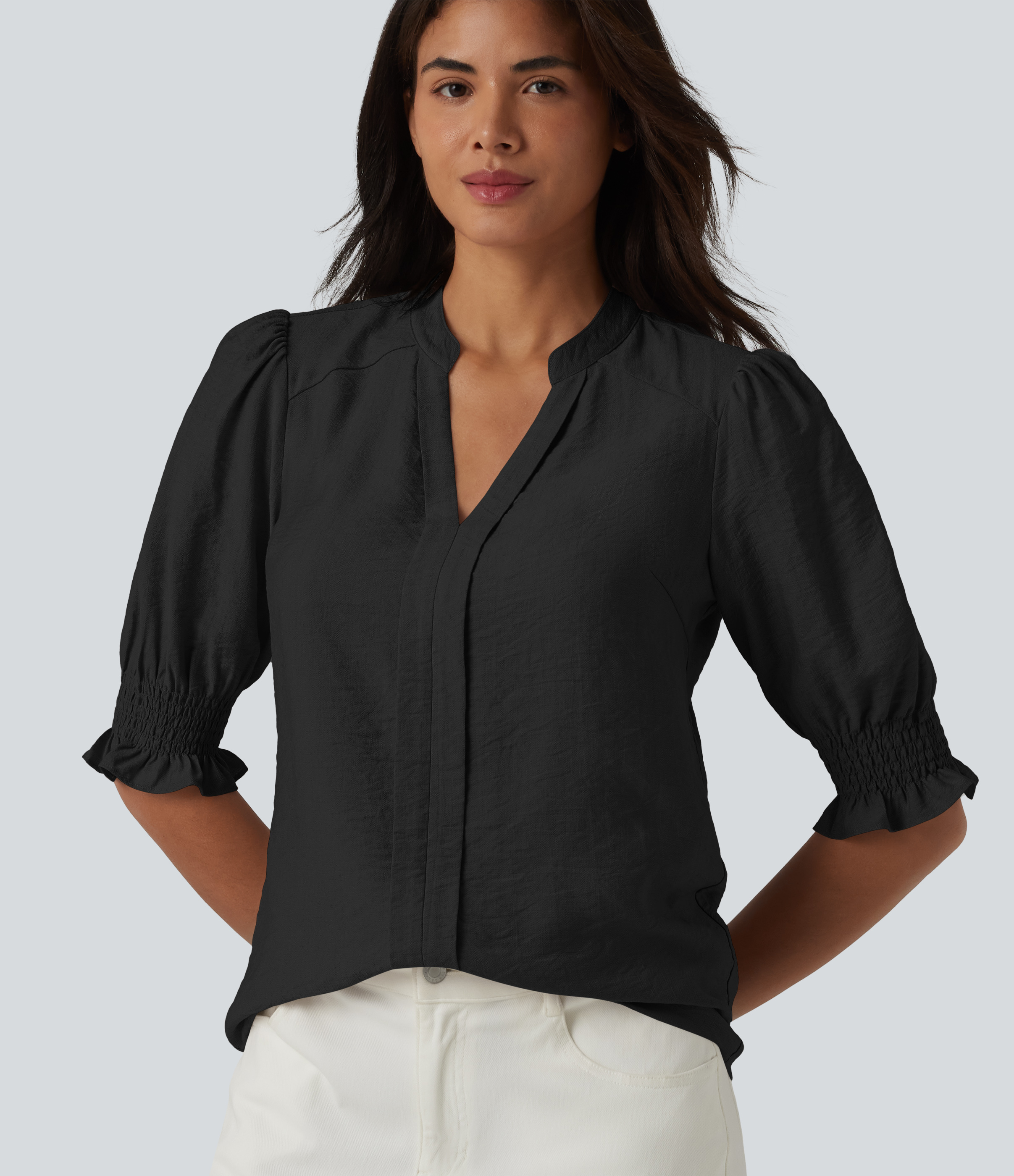 V Neck Puff Short Sleeve Casual Blouse