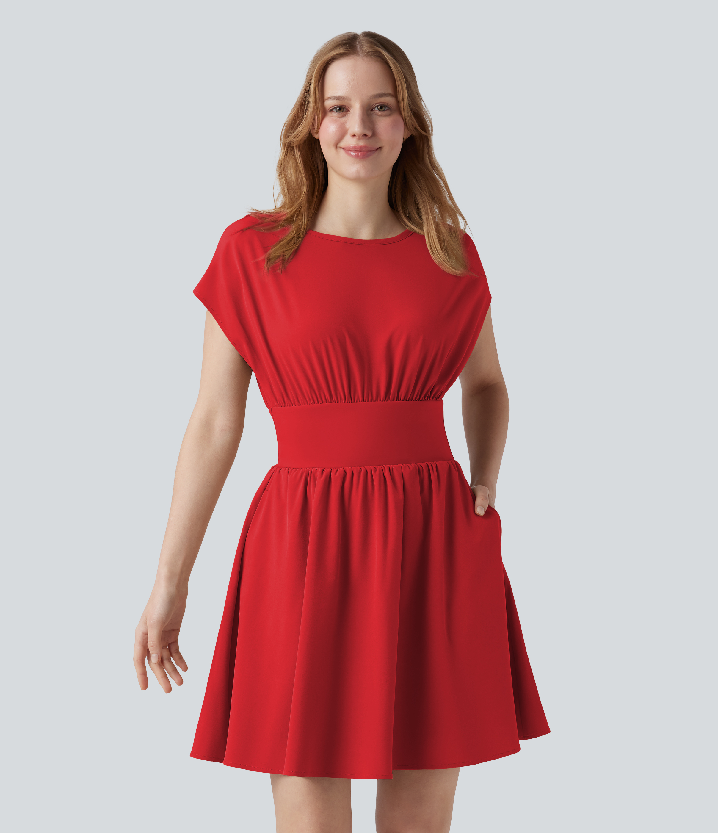 Breezeful™ Batwing Short Sleeve Flowy Quick Dry Mini Work Dress with Pockets