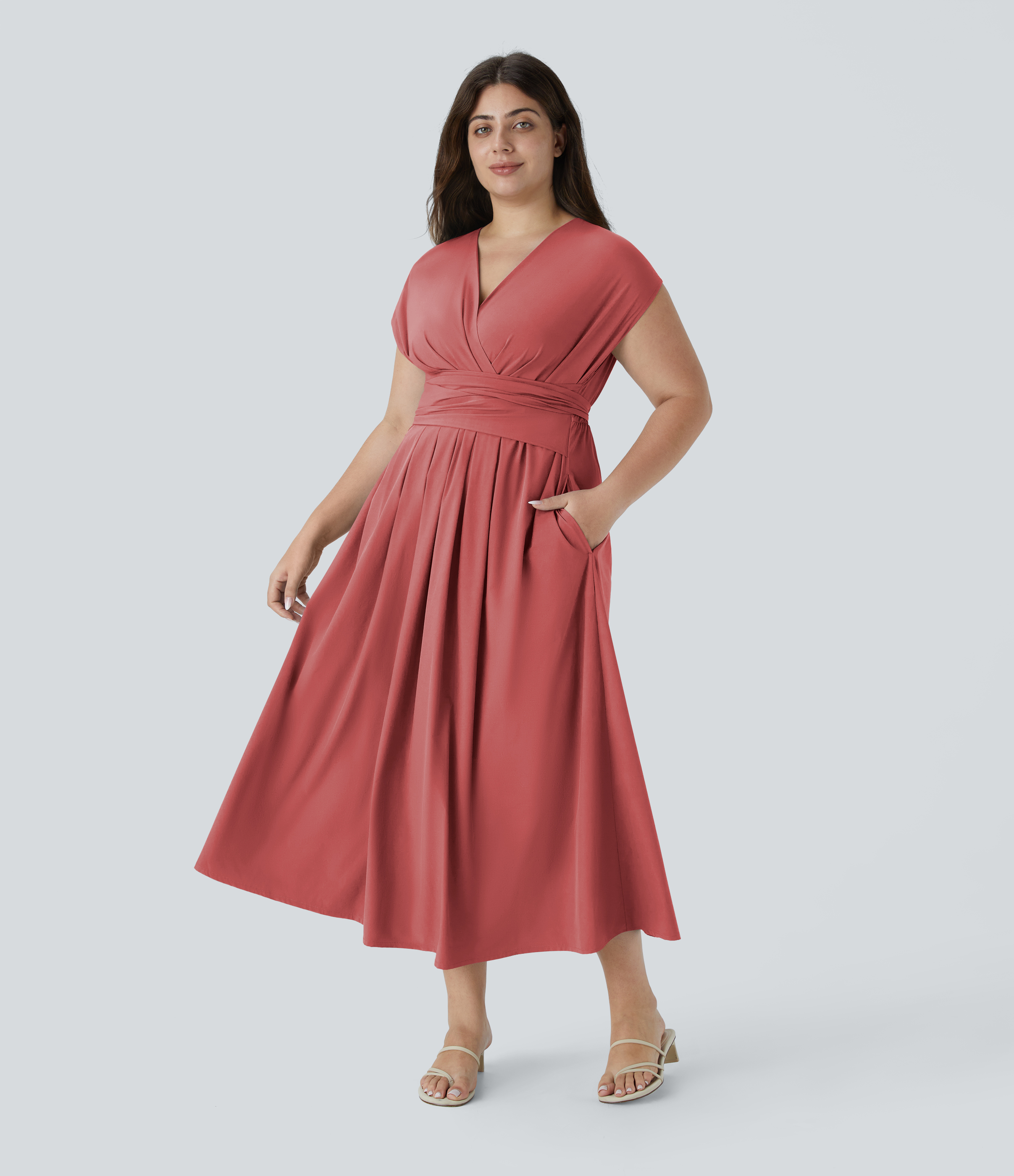 Breezeful™ V Neck Short Sleeve Pocket Tie Back Quick Dry Midi Casual Plus Size Dress