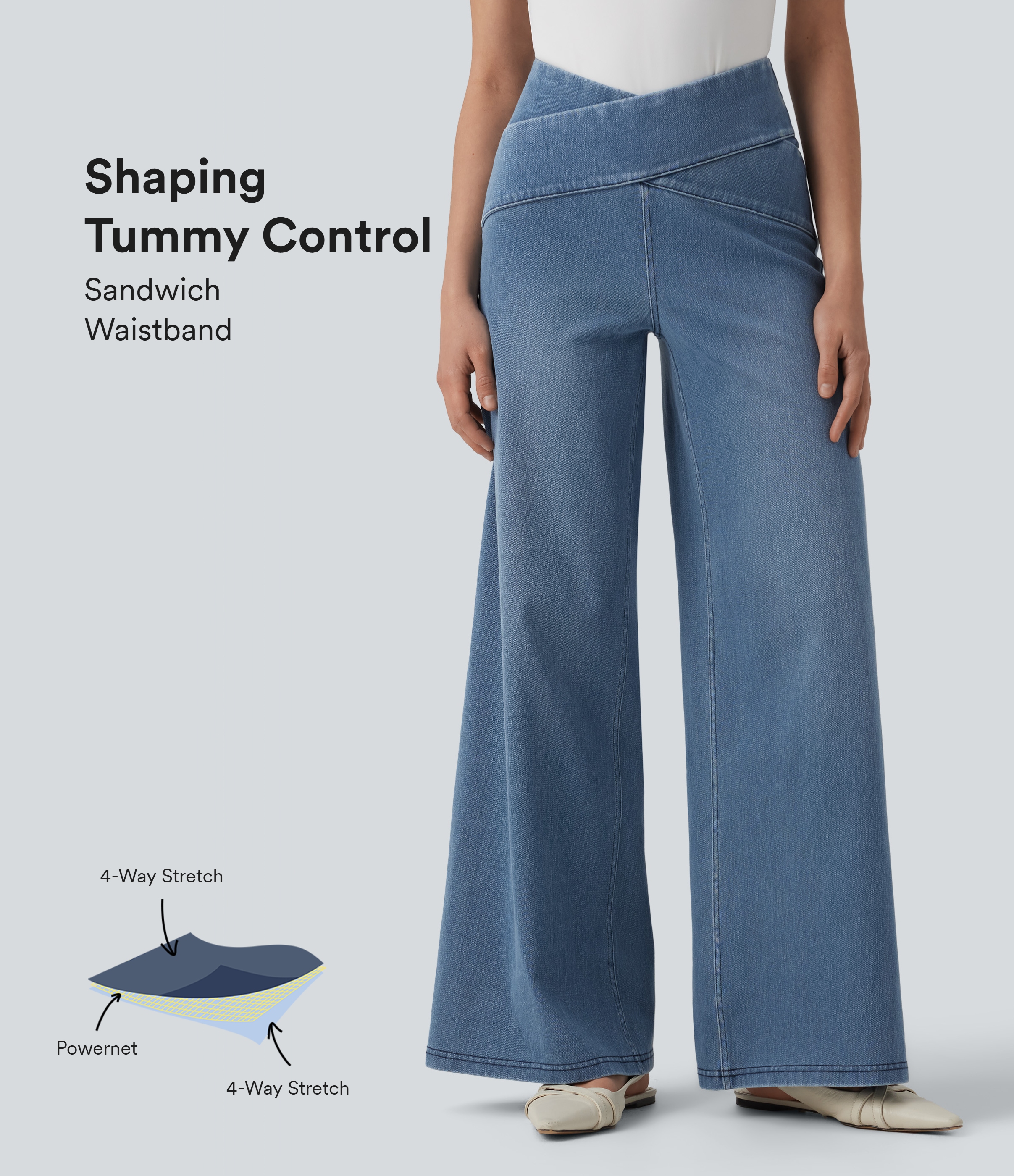 Halara Flex™ Crossover High Waisted Tummy Control Casual Wide Leg Jeans with Pockets