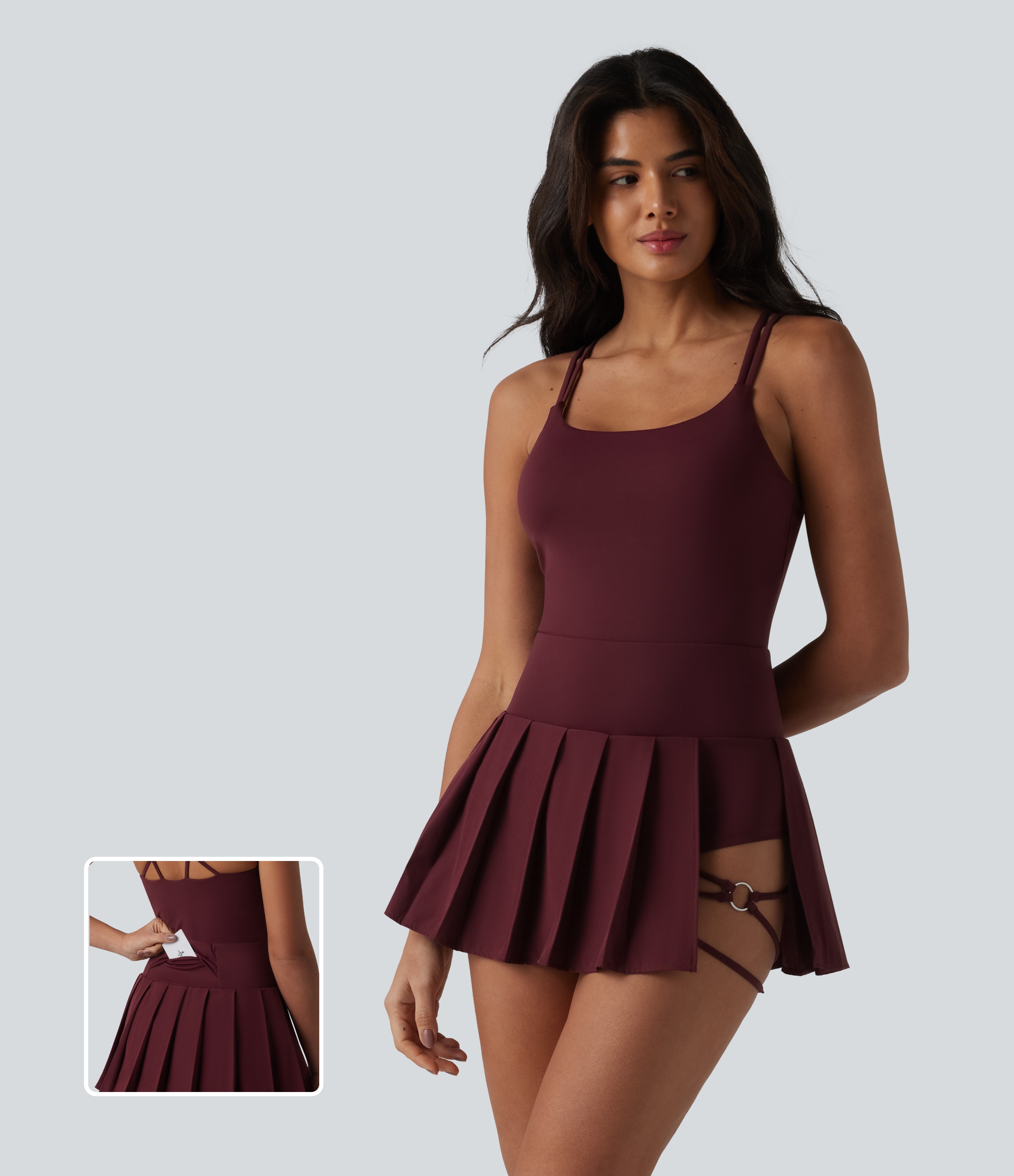 Crisscross Backless U-Neck Pleated Asymmetric Hem Mini 2-in-1 Built-in Bra Dance Active Slip Dress with Pockets