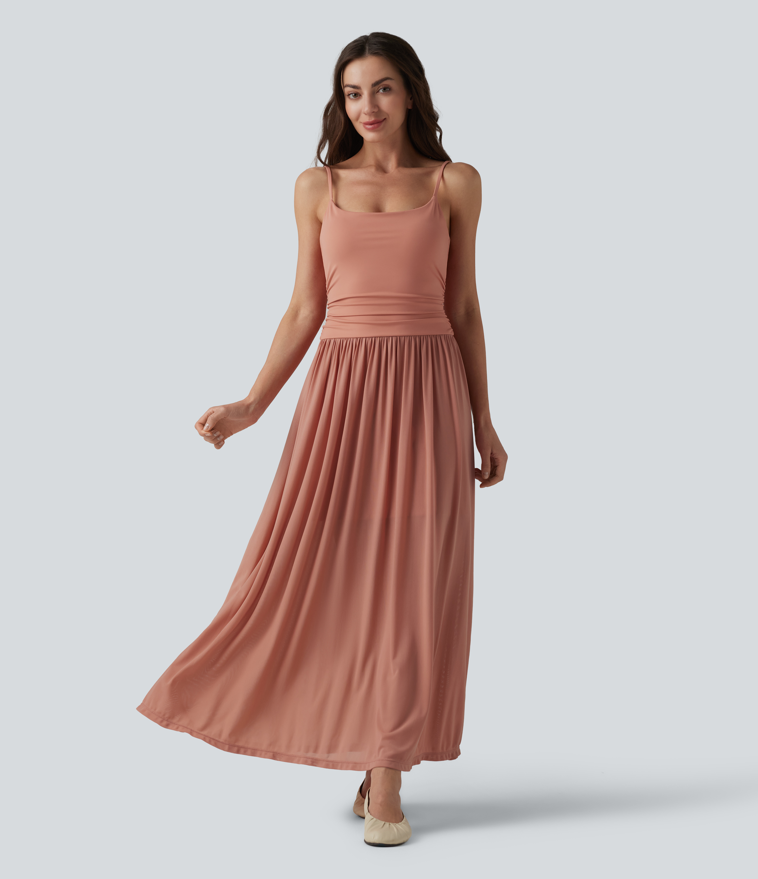 Adjustable Straps Ruched Contrast Mesh Built-in Bra Maxi Casual Flowy Slip Dress