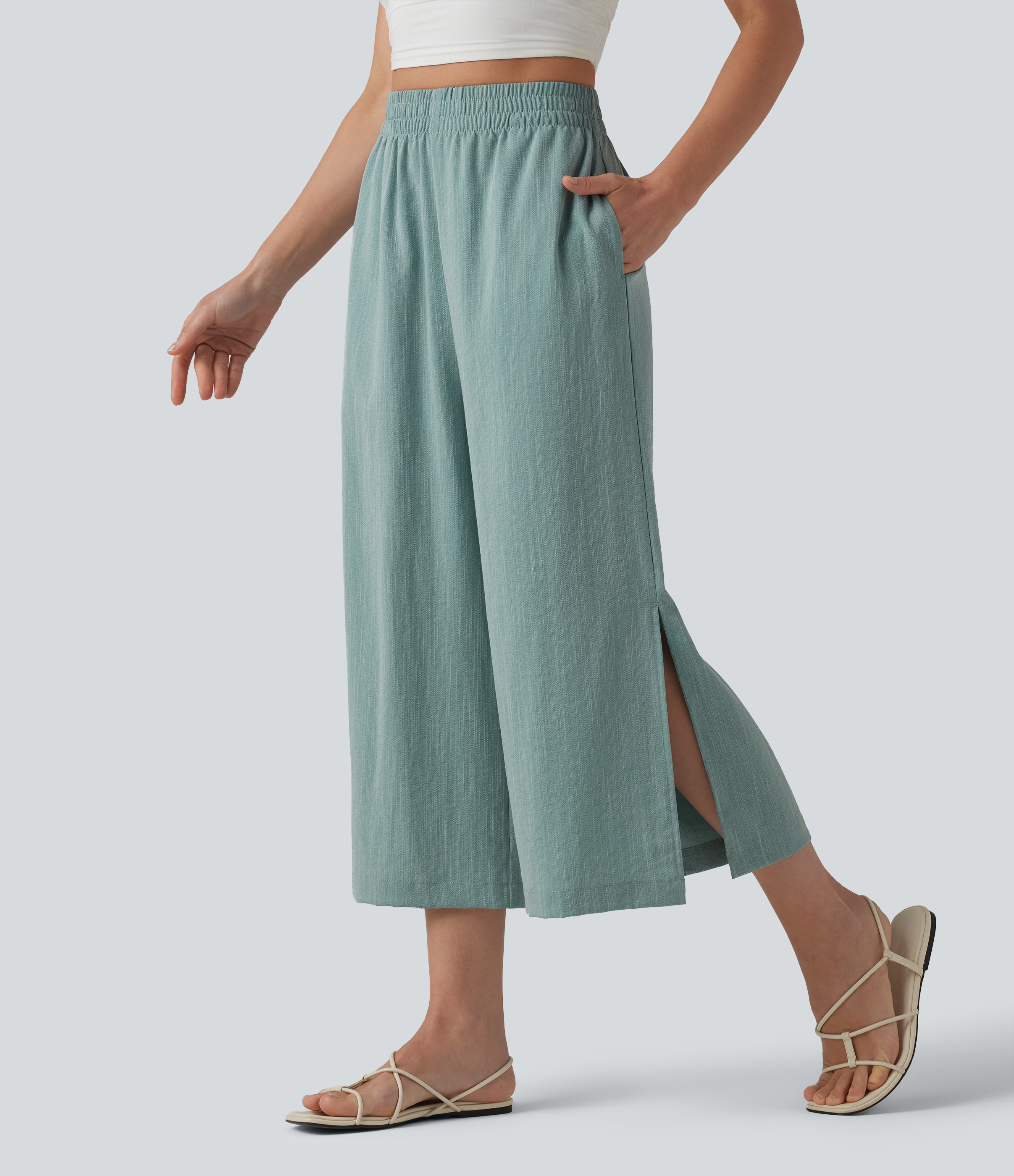 High Waisted Split Linen-Feel Casual Cropped Baggy Trousers with Pockets