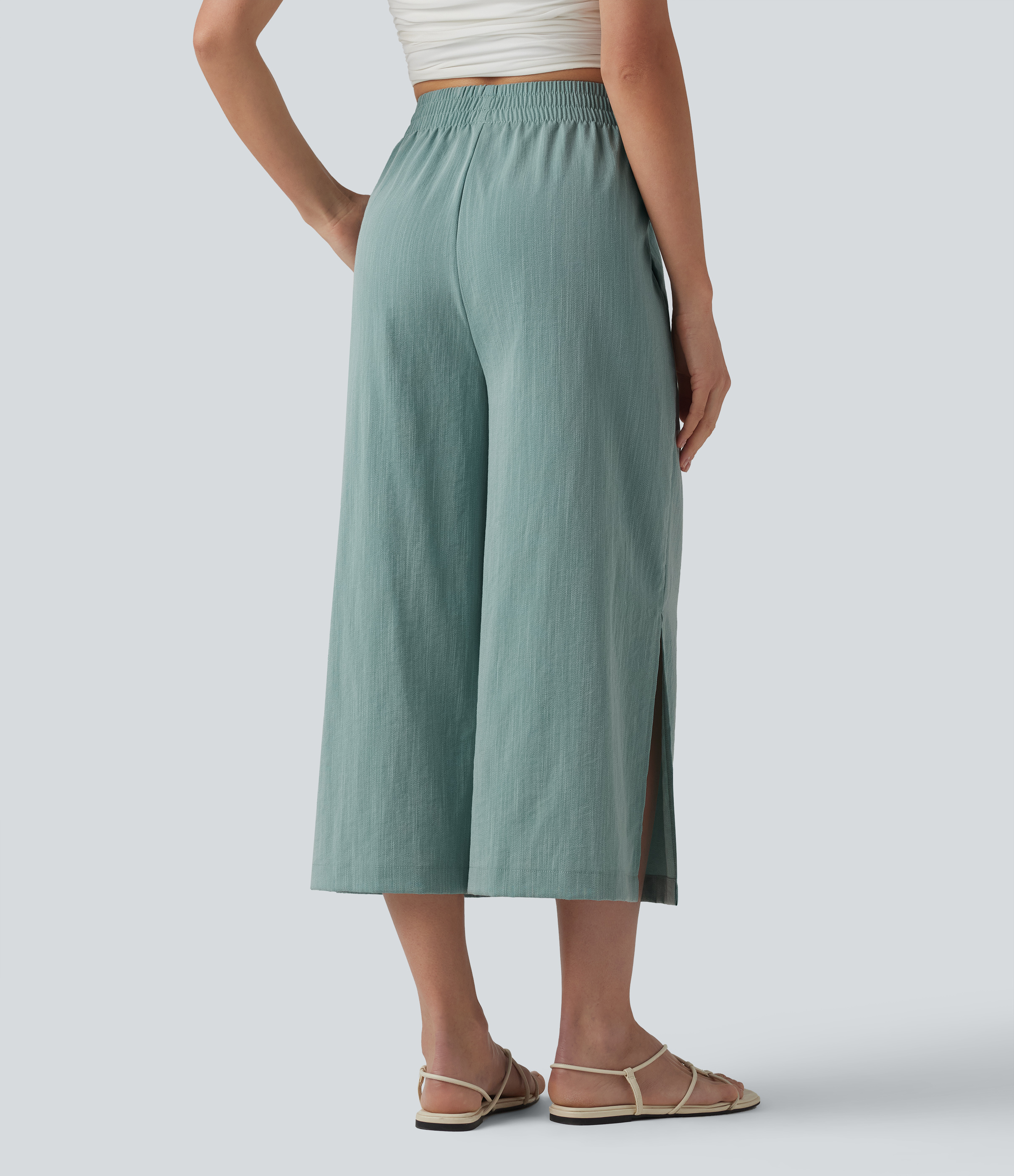 Silverwood Sage High Waisted Split Linen-Feel Casual Cropped Baggy Pants with Pockets / 2