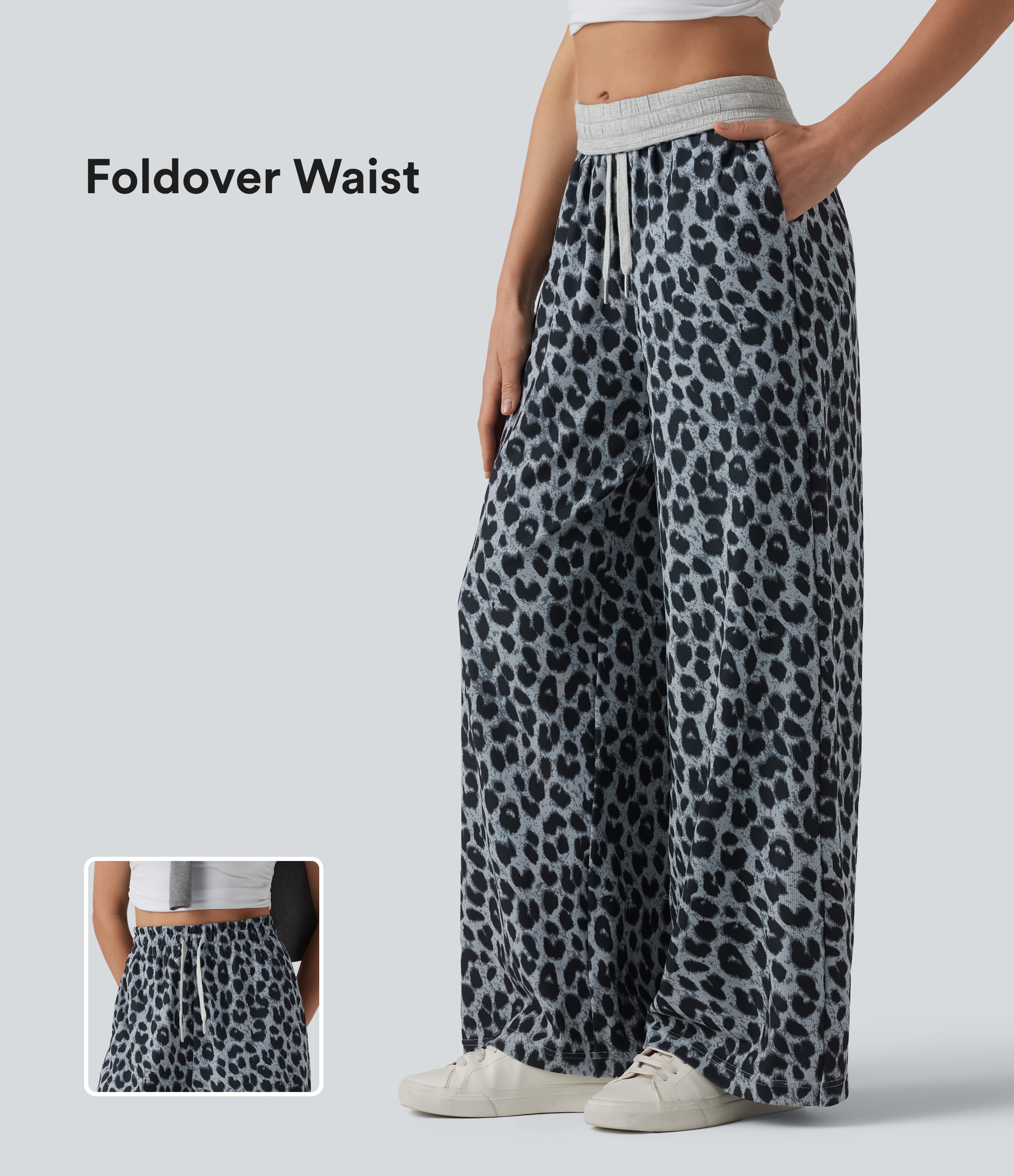 Foldover High Waisted Drawstring Leopard Waffle Casual Baggy Trousers with Pockets