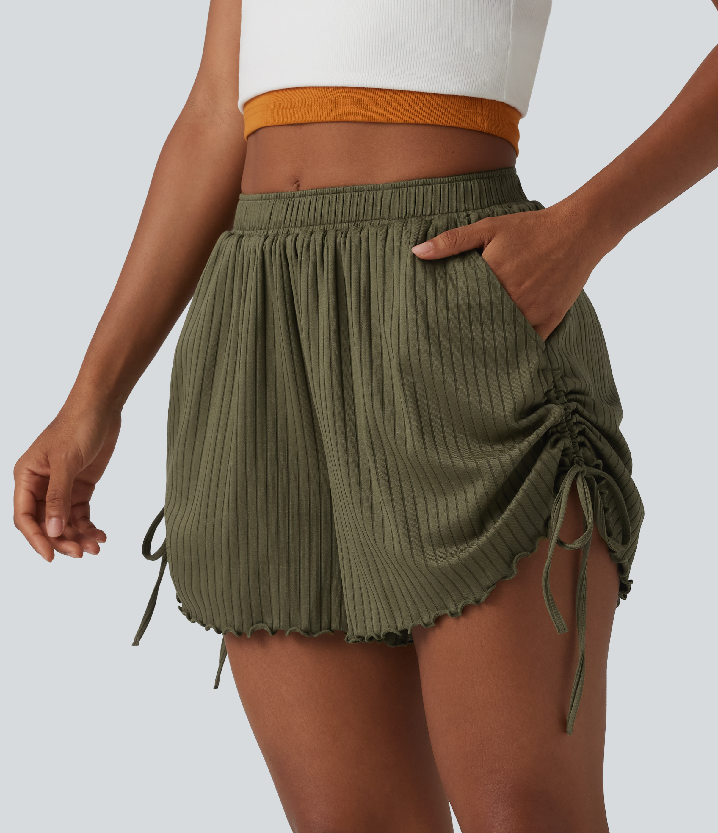 Ribbed Knit Mid Rise Drawstring Lettuce Trim Shorts 4'' with Pockets