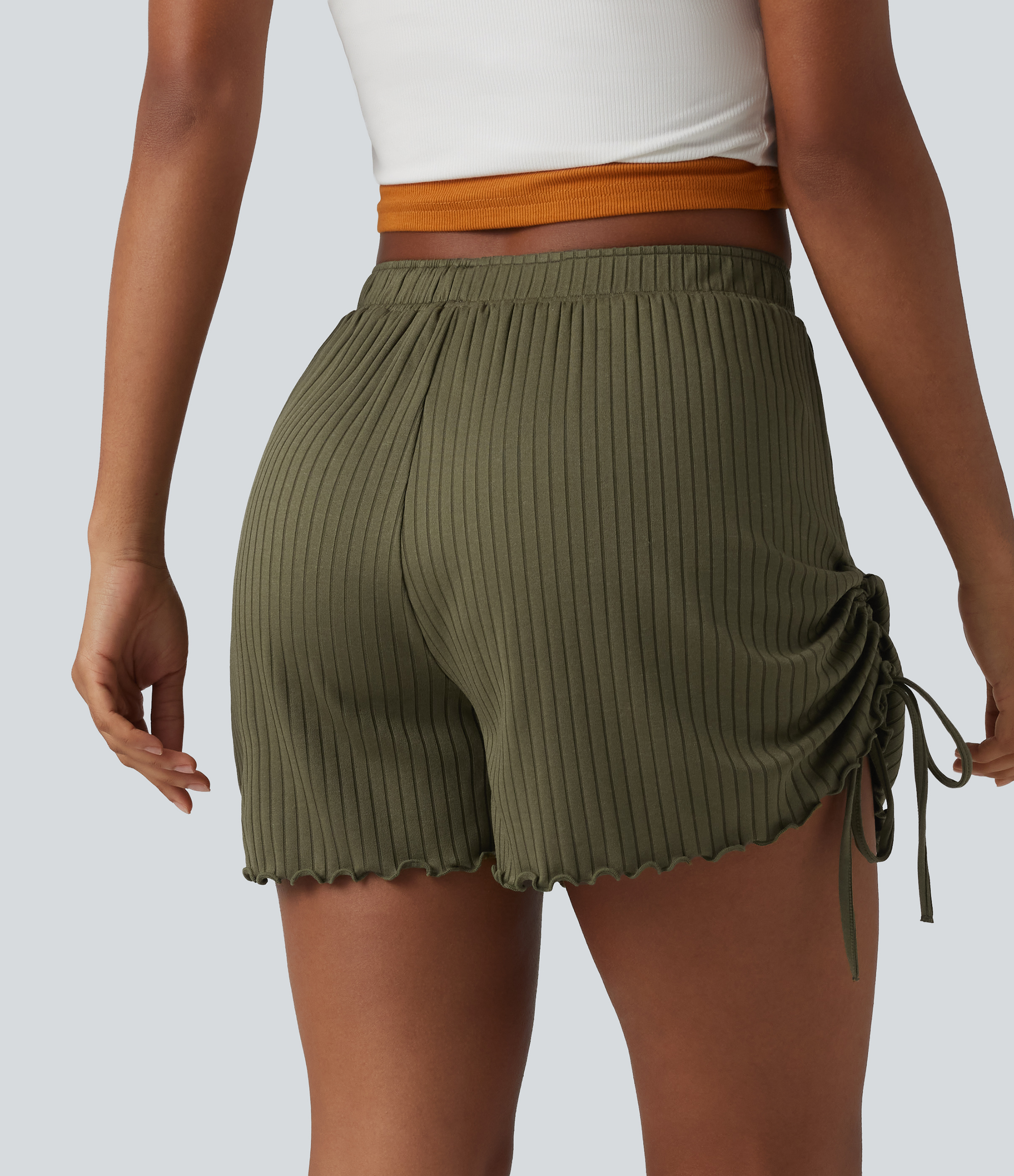 Winter Moss Ribbed Knit Mid Rise Drawstring Lettuce Trim Shorts 4'' with Pockets / 2