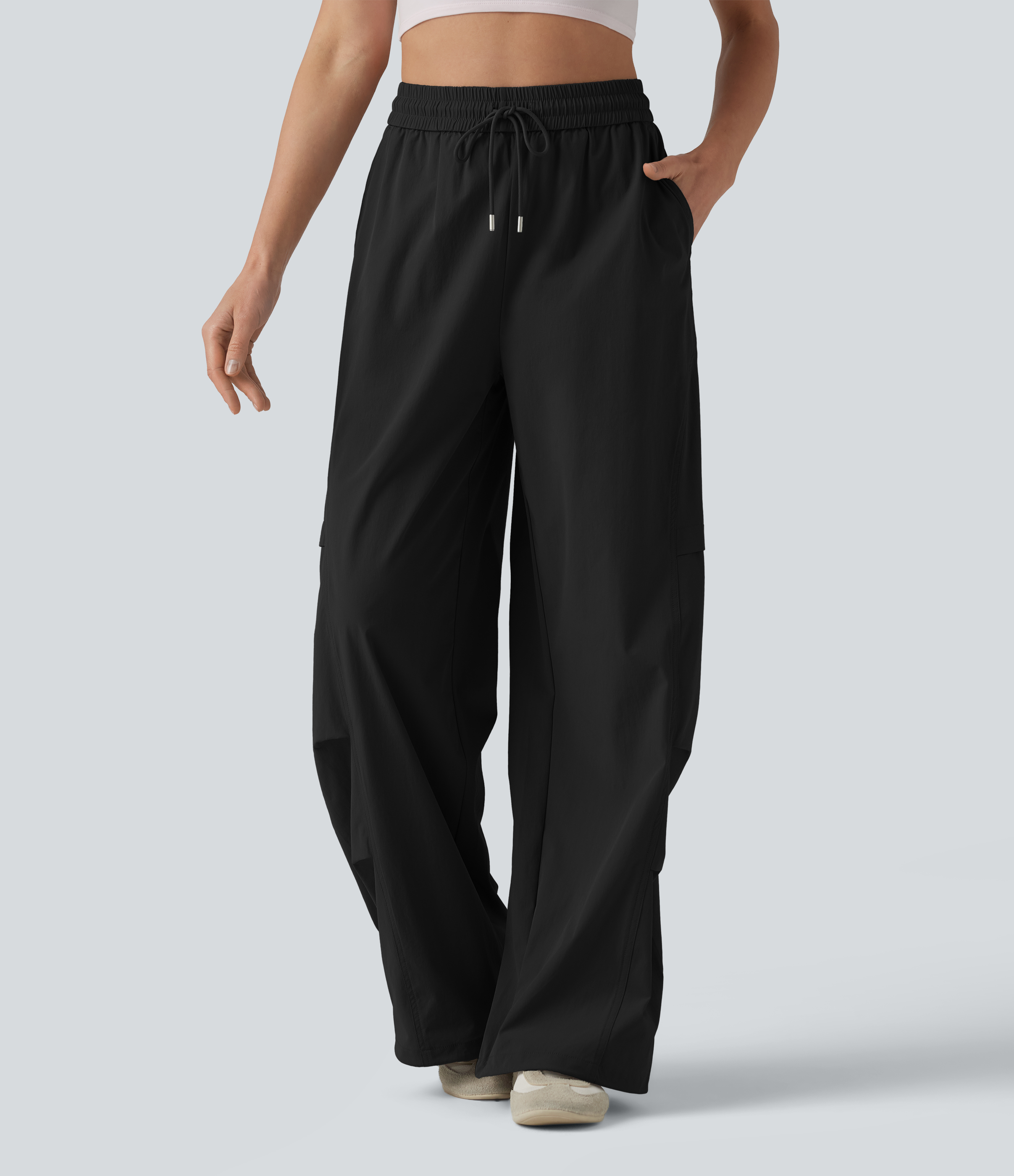 High Waisted Drawstring Parachute Casual Pants with Pockets