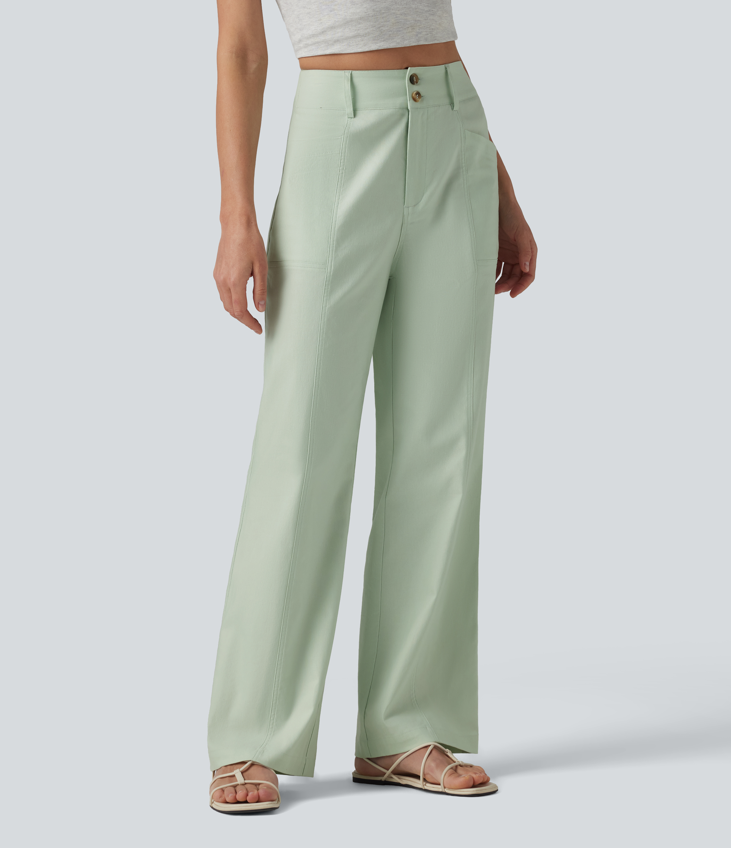 Pantalon droit décontracté en coton et lin taille haute avec poches