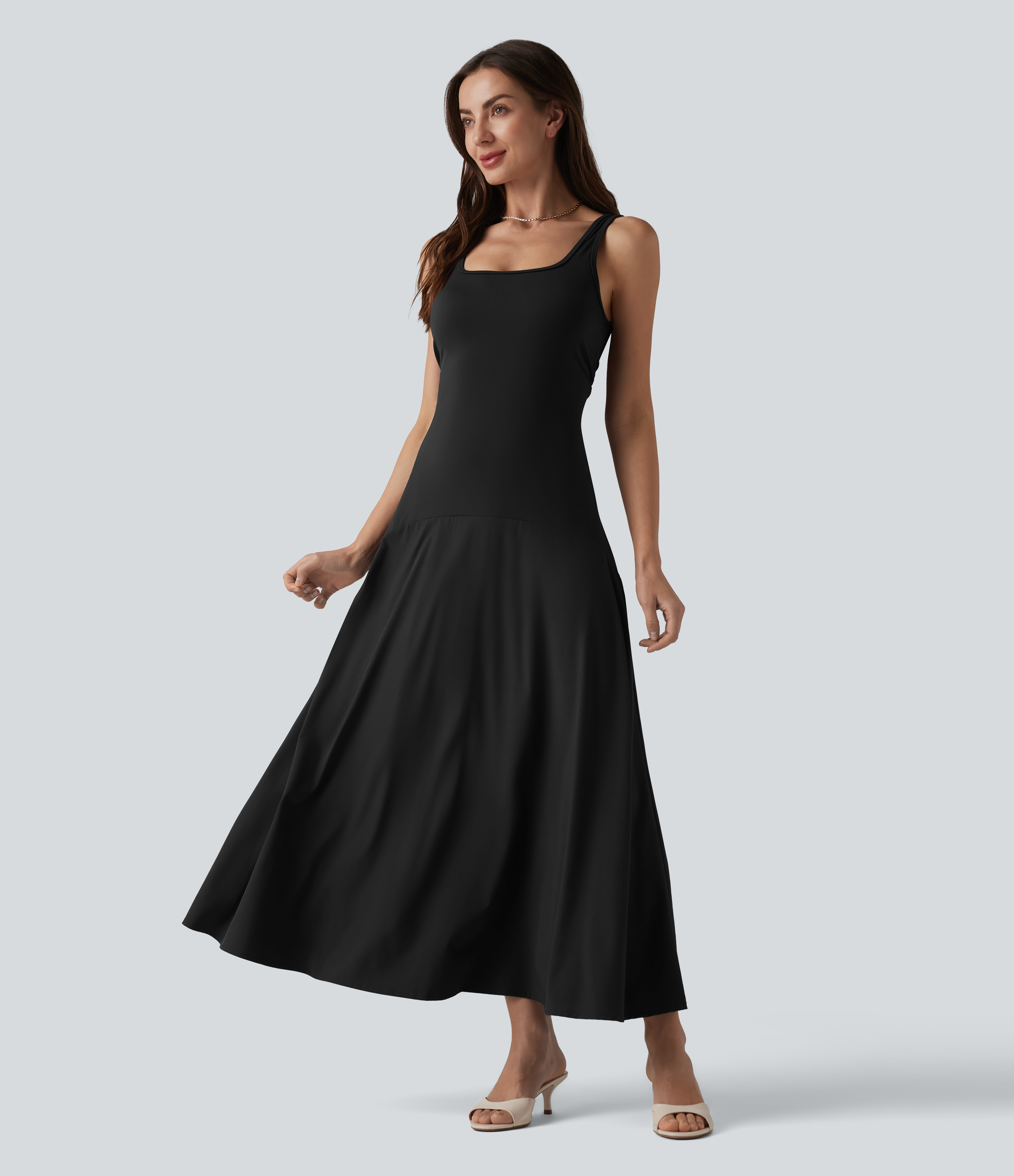 Crisscross Backless Square Neck Sleeveless Flowy Midi Bridesmaid And Wedding Guest Dress